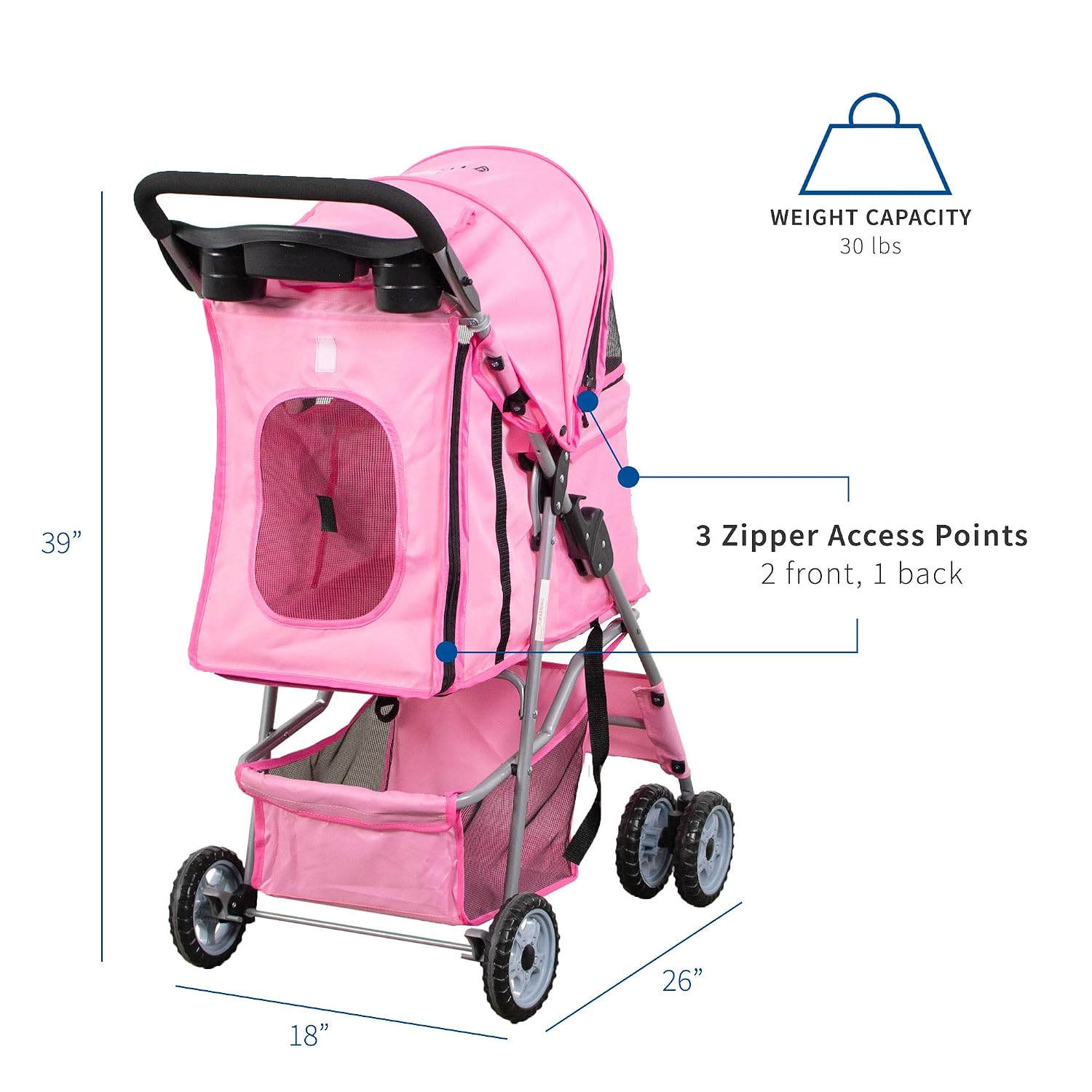 VIVO Black 4 Wheel Pet Stroller for Cat, Dog and More, Foldable Carrier Strolling Cart, STROLR-V001K
