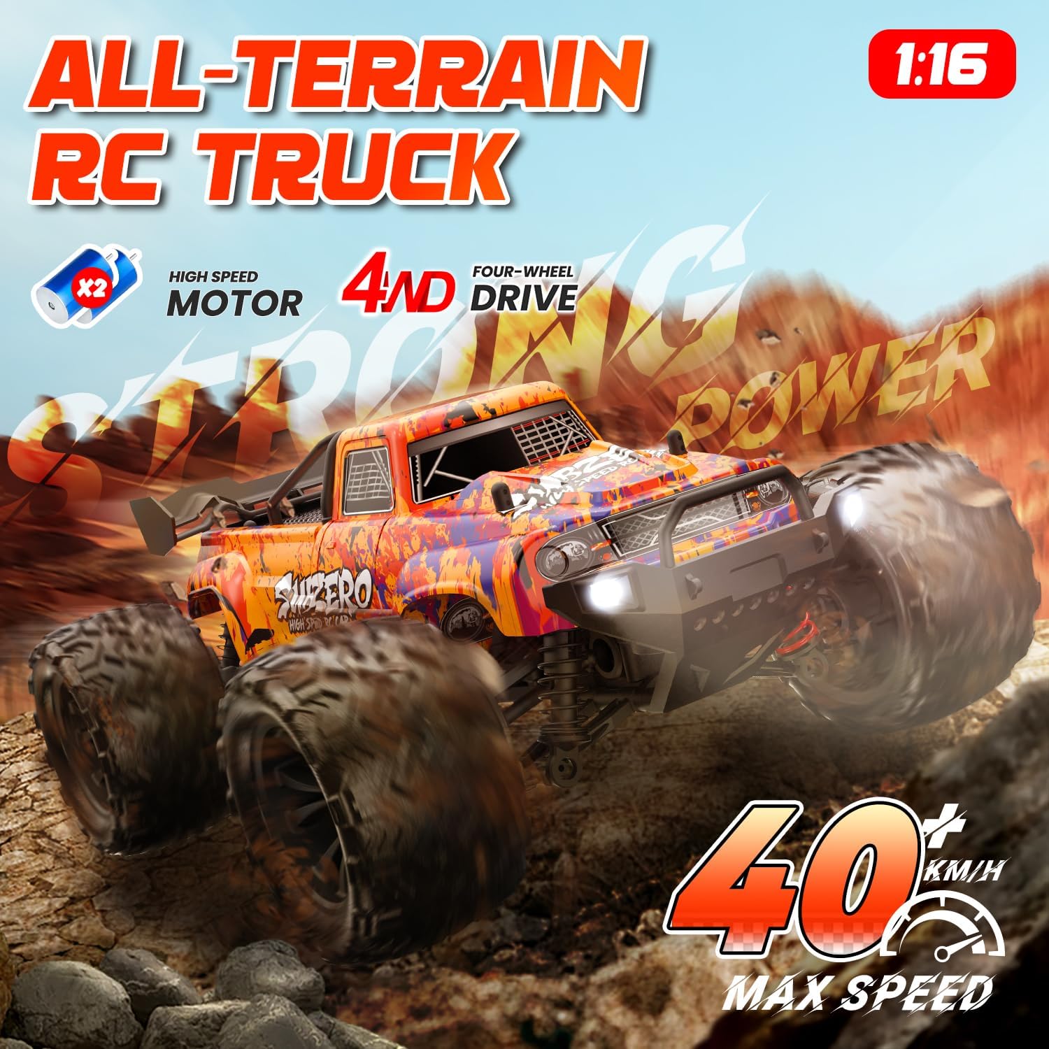 1/18 Scale High Speed RC Cars, 30KM/H 4WD Off-Road Remote Control Trucks for Adults and Kids Boys, All Terrain Truck Toys Gifts