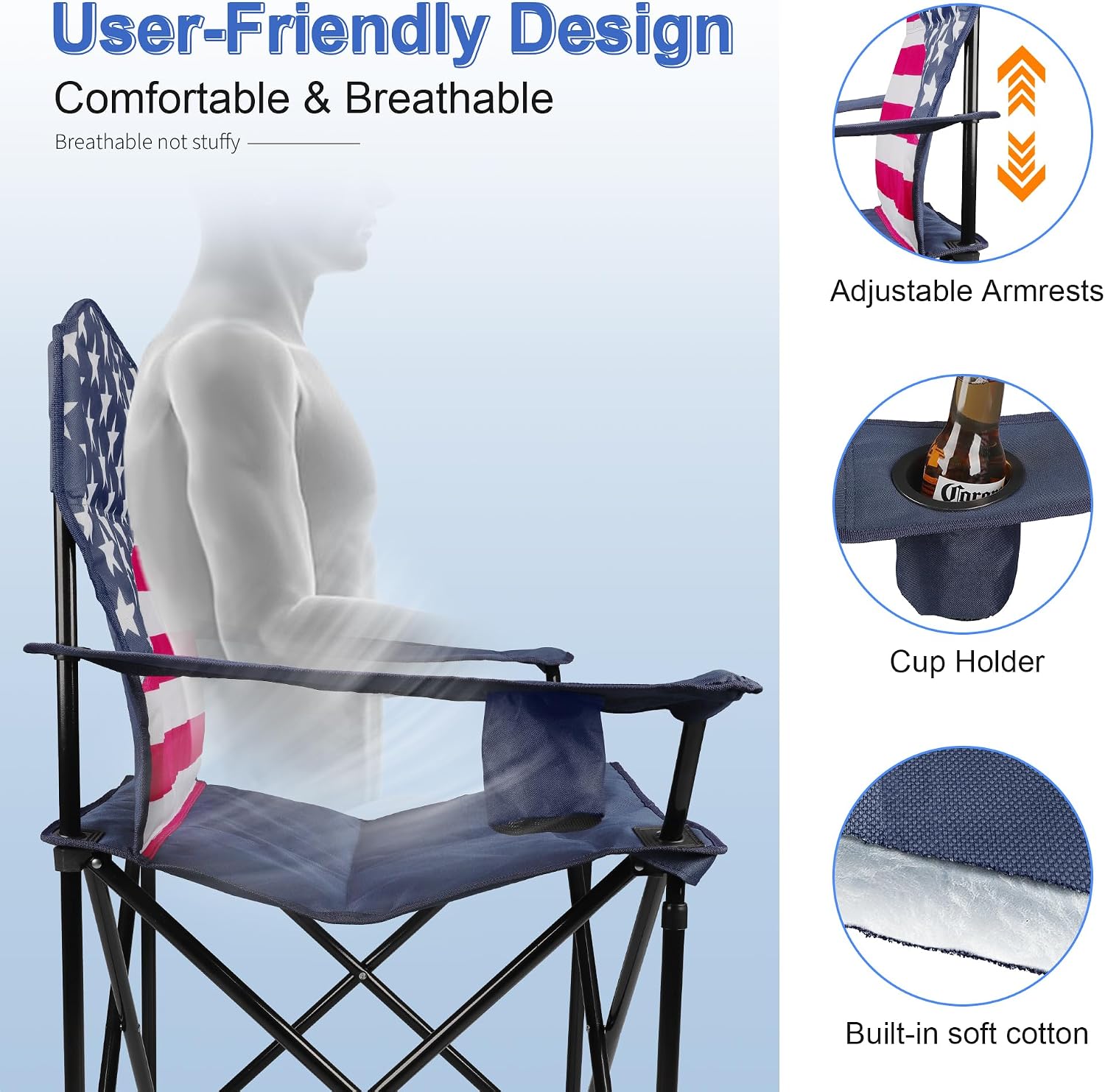 Oversized Camping Chairs 2 Pack - Heavy Duty 400LBS Padded Lawn Chair with Cooler Bag,Cup Holder,Side Pocket,Collapsible for Outdoor,Camp,Fishing & Garden,Dark Green