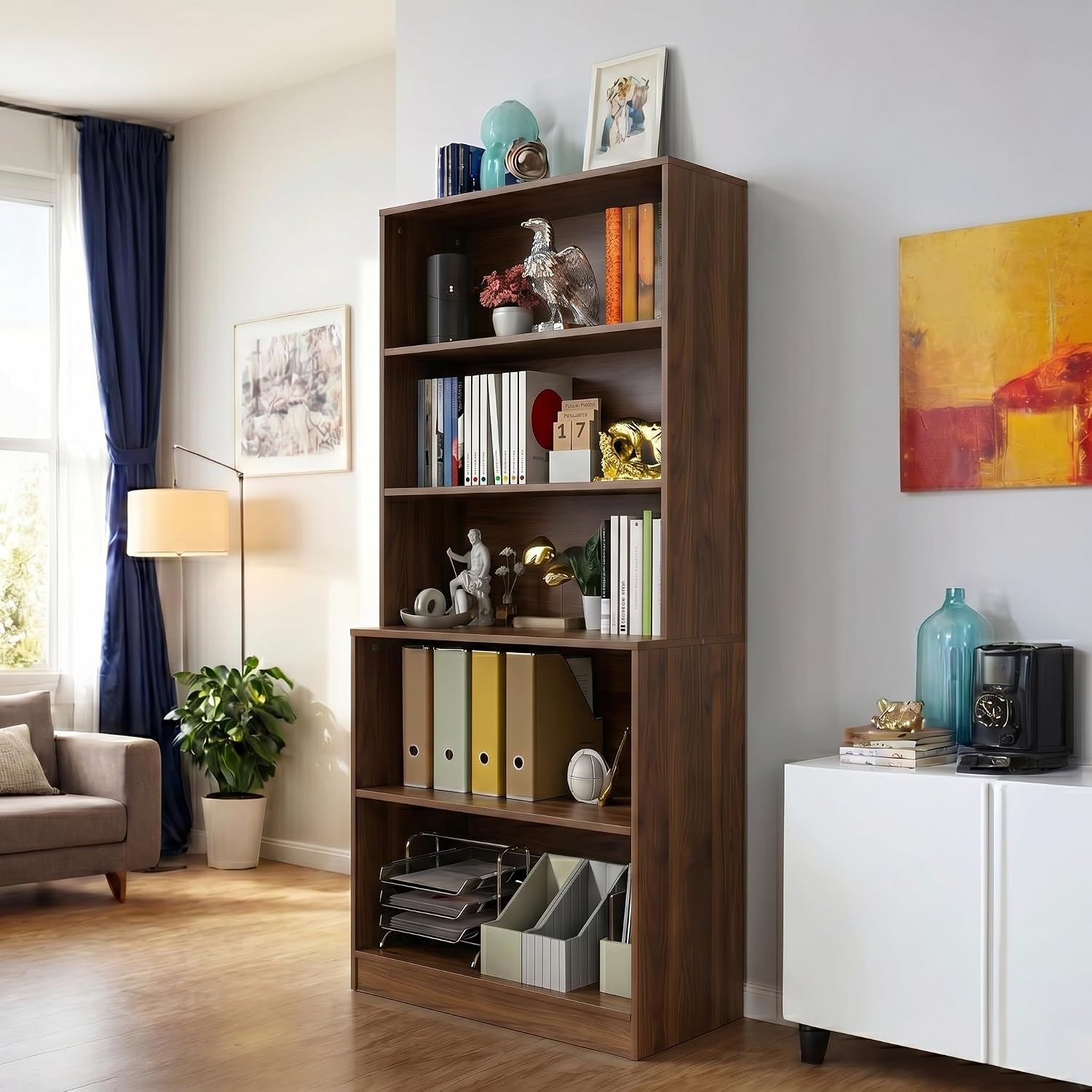 holzart 71" Tall Book Shelf, 5 Tier Large Bookshelf, Standing Wood Display Book Shelf for Living Room, Office, Library with Doors, 31.5" W x 70.87" H x 11.81" D, White