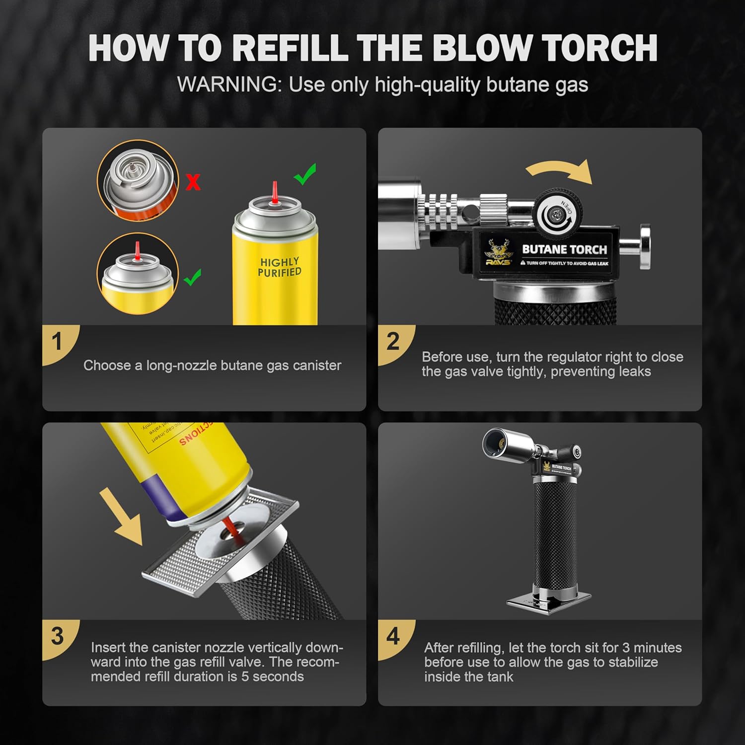 RAVS Butane Torch Lighter, Premium Metal Kitchen Torch with Adjustable Flame & Safety Buckle, Refillable Creme Brulee Torch for Baking, BBQ, DIY