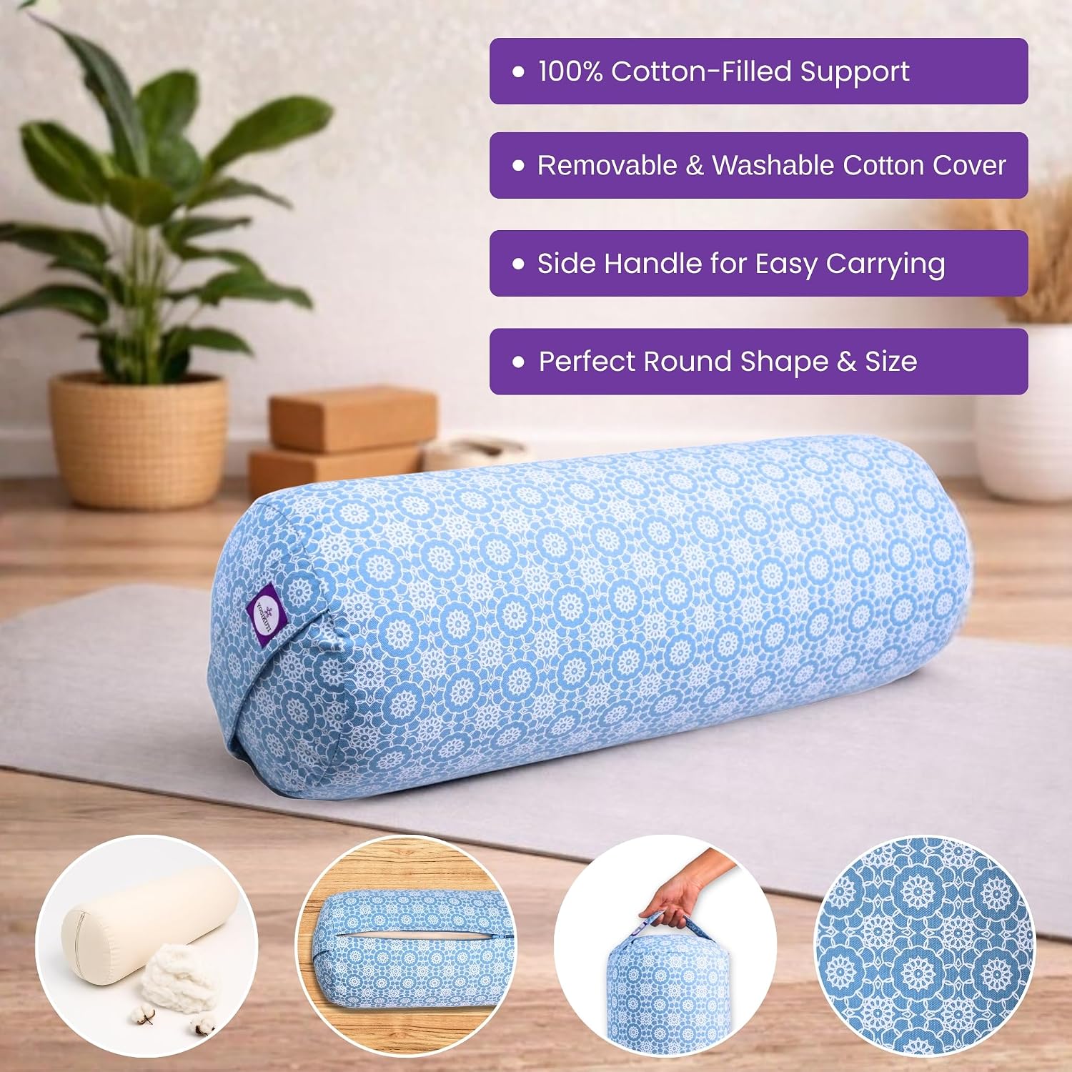 Yogikuti Iyengar Yoga Bolster for Restorative Yoga and Meditation – Lightweight Cotton Support Pillow with Handle for Easy Carry