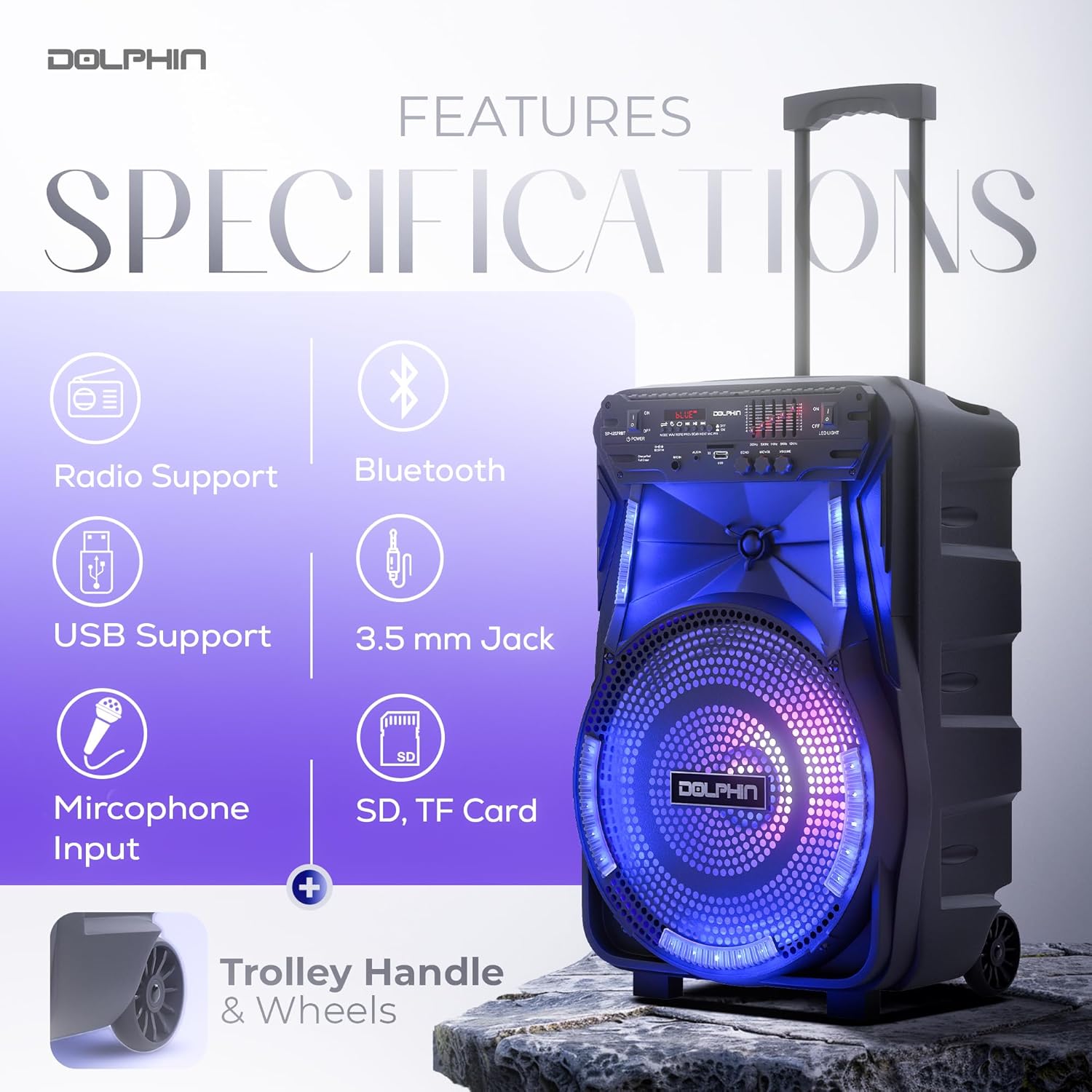 Dolphin Large Bluetooth Party Speaker with Trolley & Wheels, 12" Woofer | WaveSync Pairing, 5-Band EQ, Piezo Tweeter, USB, SD, FM & AUX Inputs