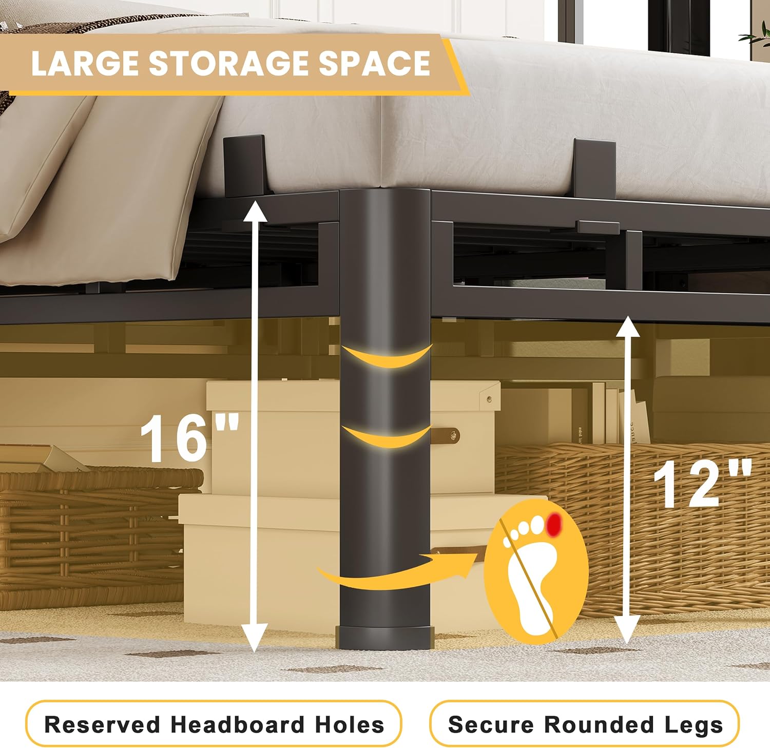 Full Size Bed Frame Metal,14 Inch Heavy Duty Double Layer Platform Black | Easy Assembly,Noise Free,4000lbs Capacity,6 Mattress Stoppers,Round Corner Legs,Headboard Holes,Anti-Slip Rubber Foot Pads