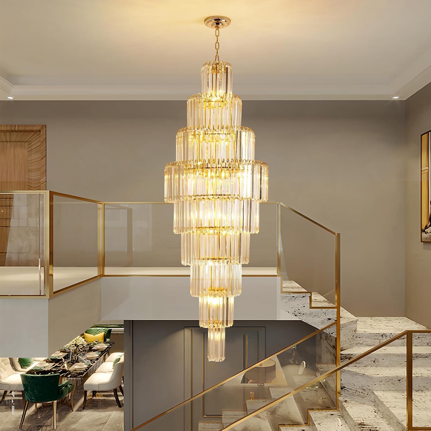 Luxury Modern Gold 9-Tier Crystal Chandelier for High Ceiling Foyer Staircase Large Entryway Light Fixture Dia23.7 20 Lights
