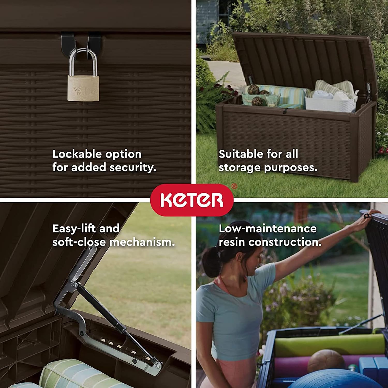 Keter Borneo 110 Gallon Resin Deck Box - Organization and Storage for Patio Furniture, Outdoor Cushions, Throw Pillows, Garden Tools and Pool Toys, Brown | for Patio, Backyard & Garden - Lockable, Organizing, and Waterproof Plastic Container Bench