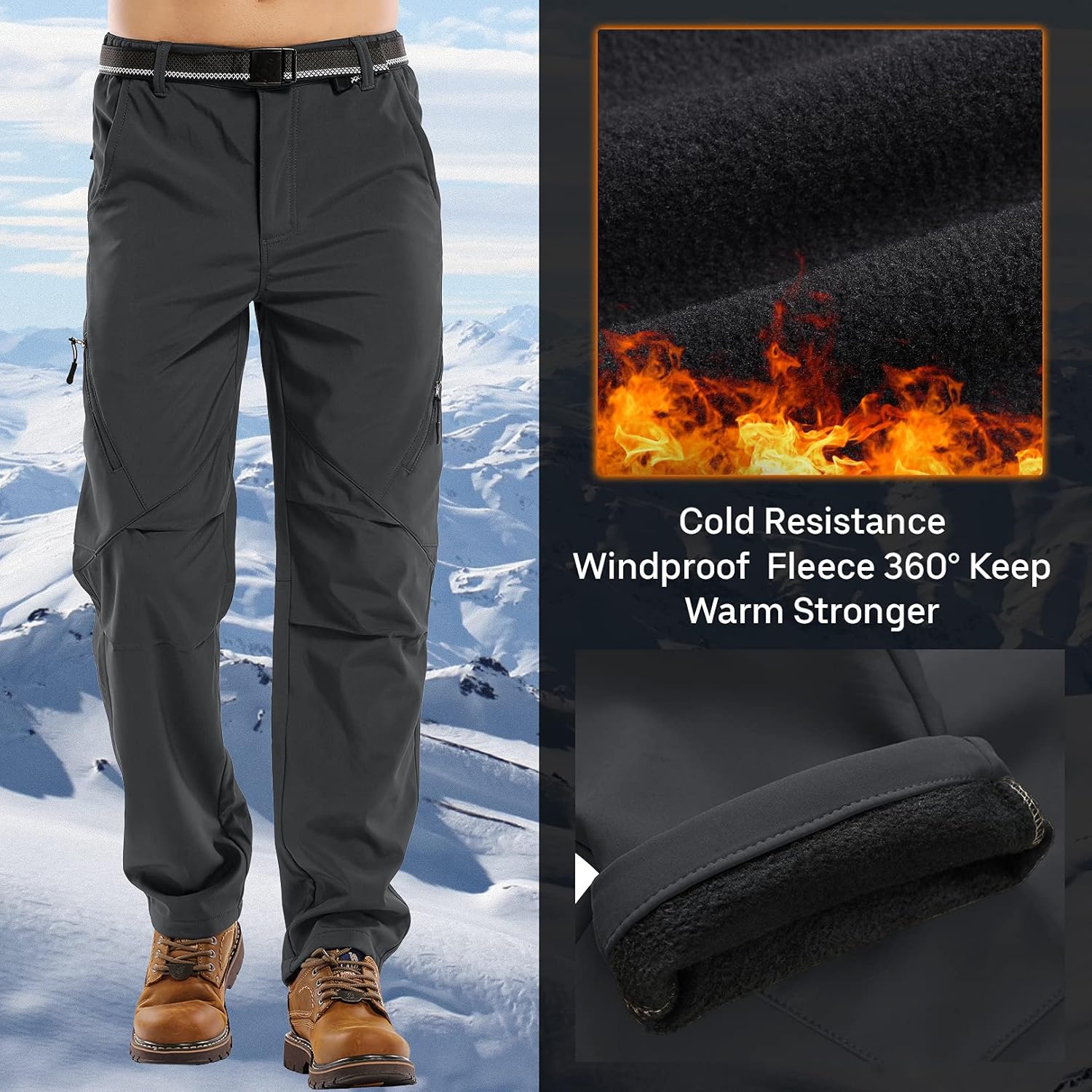 Men's Waterproof Pants Fleece Lined Insulated Winter Hiking Ski Snow Pants