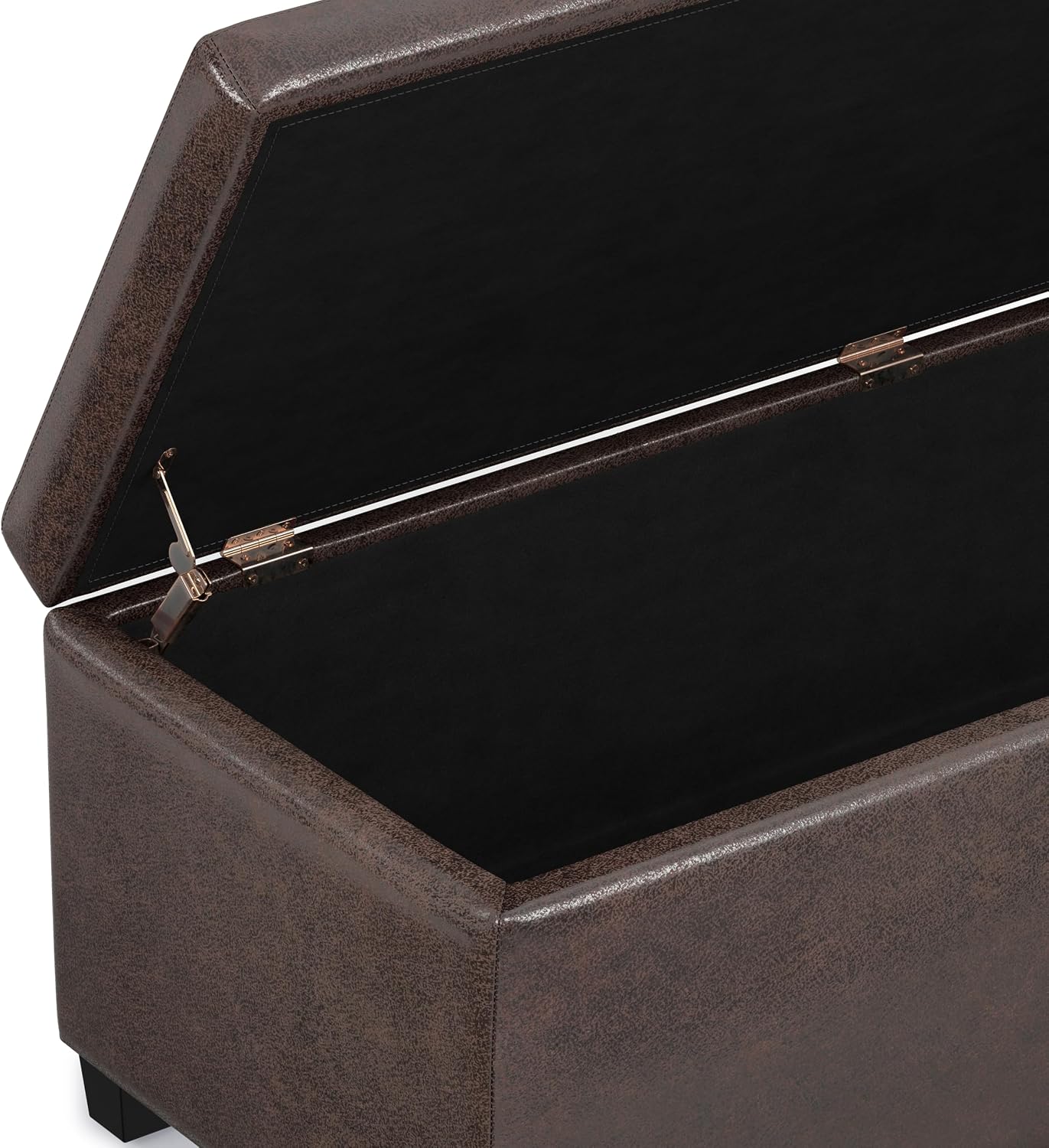 SIMPLIHOME Avalon 48" Wide Vegan Leather Storage Ottoman in Brown