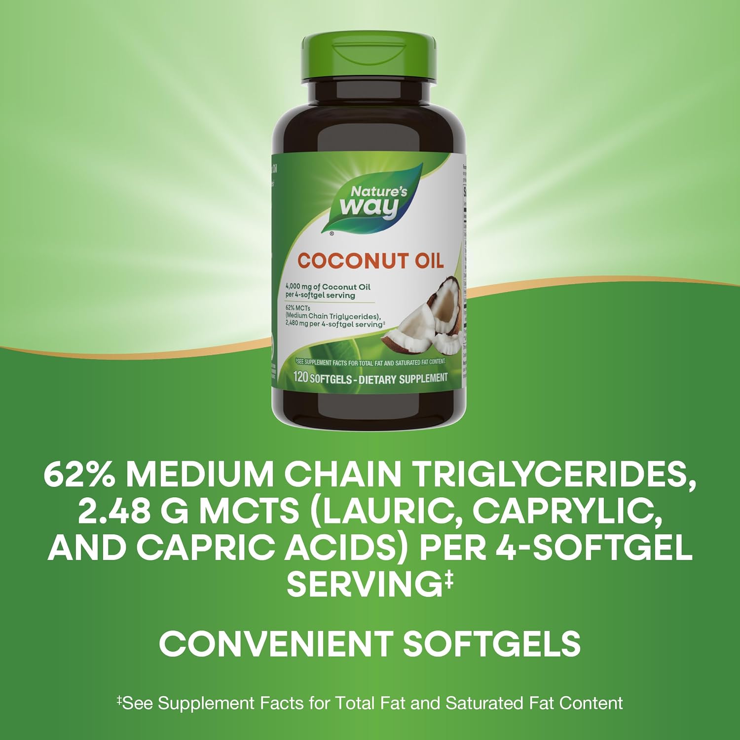 Nature's Way Coconut Oil Softgels, 4, 000 mg Coconut Oil per Serving, 120 ct | 62% MCTs(1), Hexane-Free, Gluten-Free