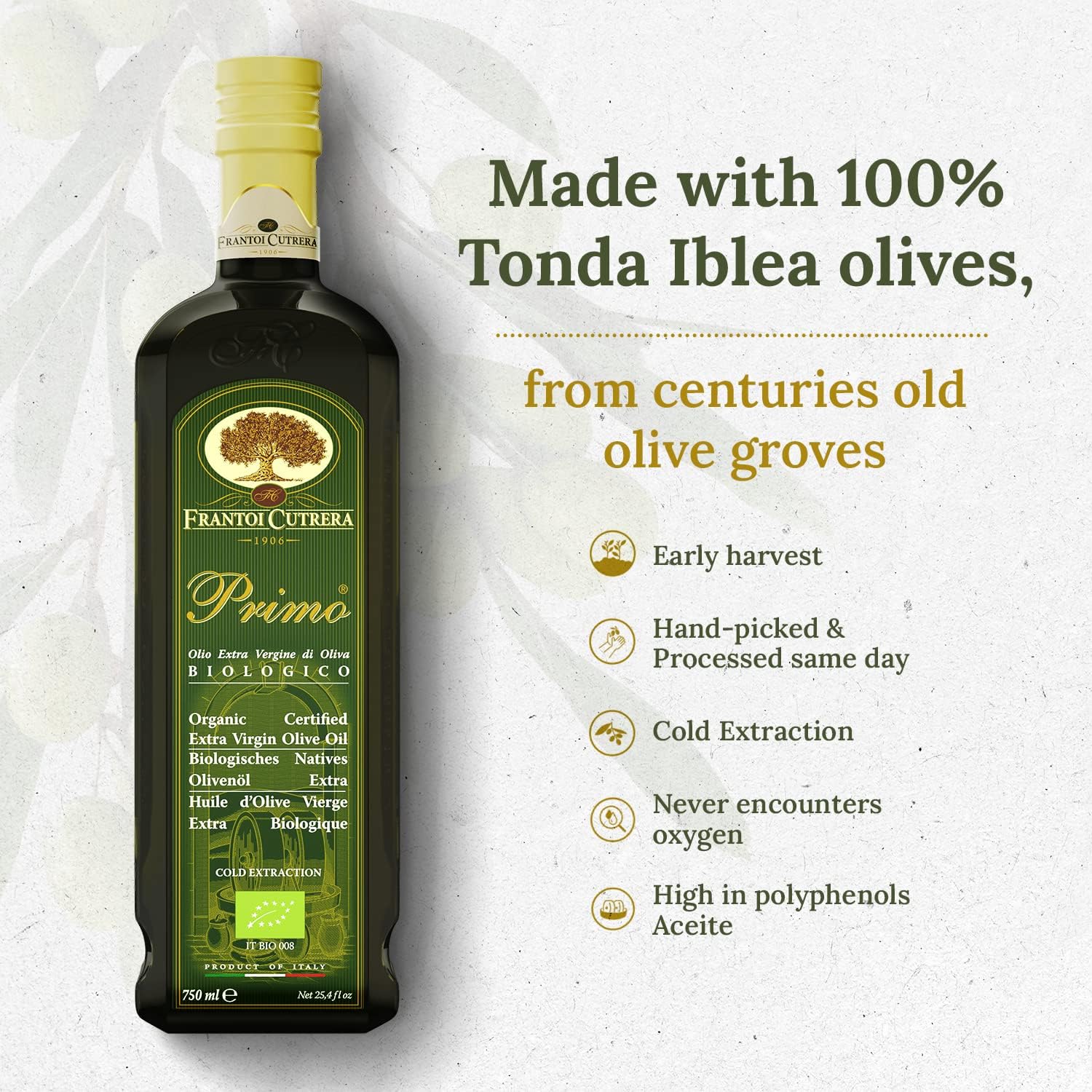 Frantoi Cutrera Primo Cold Extracted Italian Extra Virgin Olive Oil Cold Pressed, Polyphenol Rich Olive Oil, Authentic Certified DOP Sicilian EVOO Imported From Italy, 25.4 fl oz (Pack of 1)