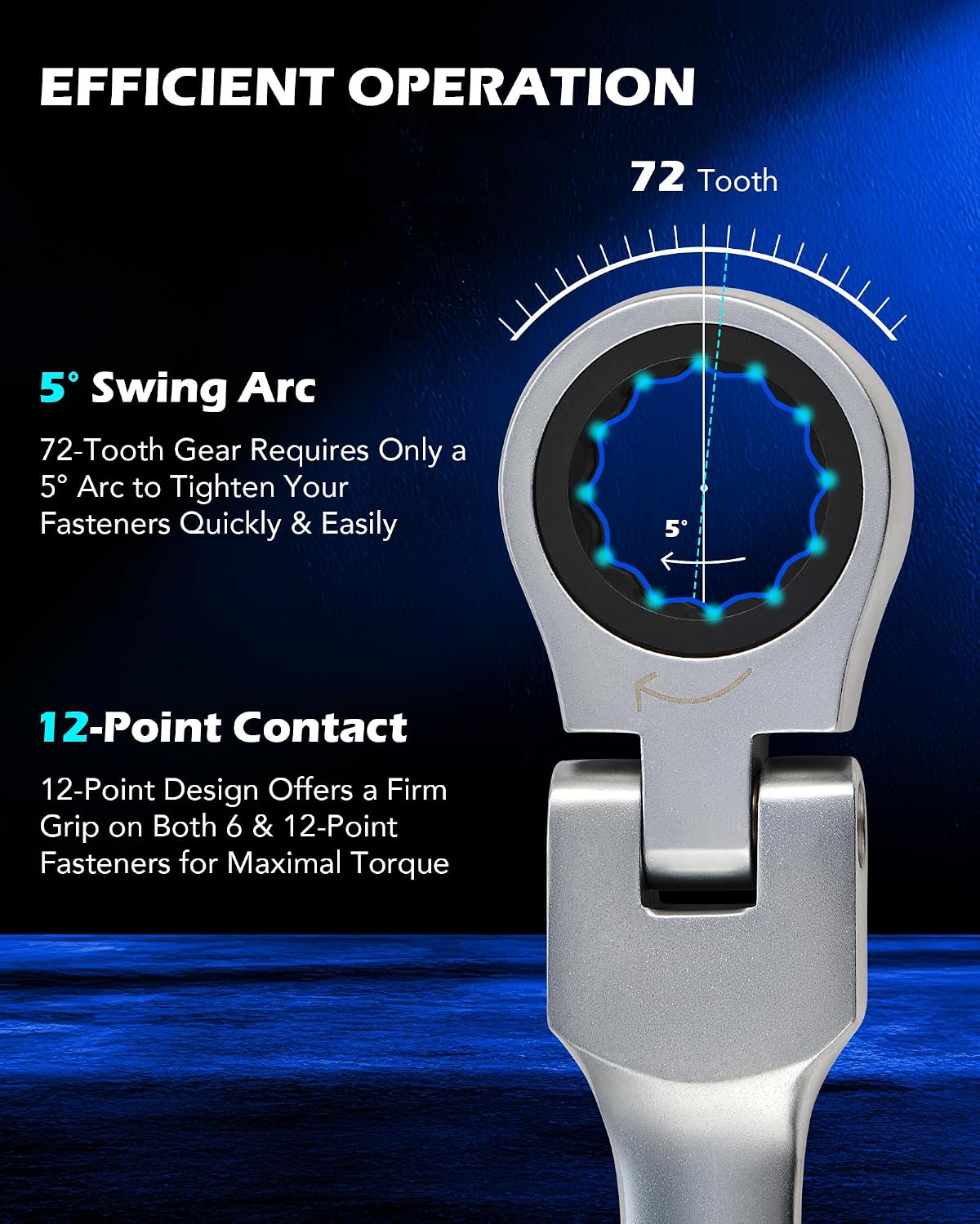 OMT 6Pc Metric Extra Long Flex-Head Ratcheting Wrench Set, 8-19mm Range | Durable 40CrV Steel Build, 72-Tooth Gearing, 180° Rotating Flex-Head