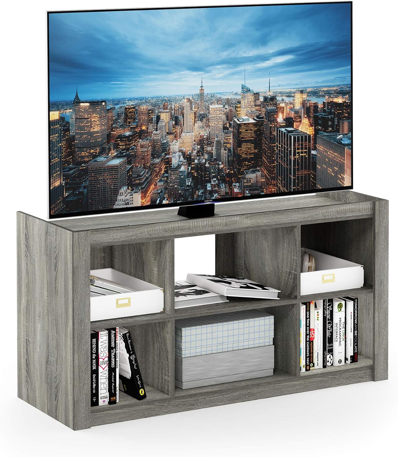 Furinno Fowler Multipurpose TV Stand Bookshelves, French Oak Grey