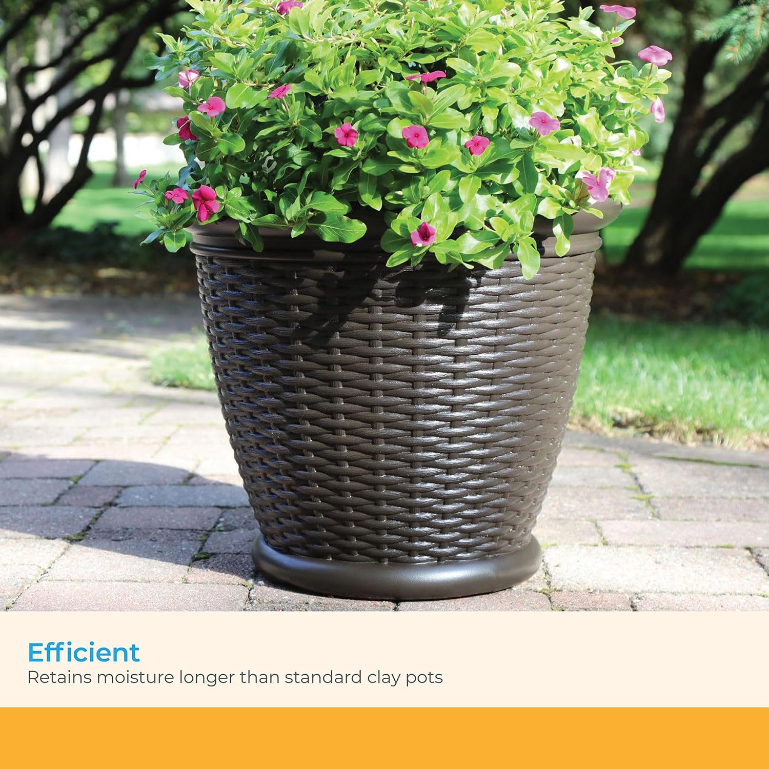 Suncast Wicker Planter w/ Drillable Drain Holes, Decorative Indoor/Outdoor Pot, 18in, Java