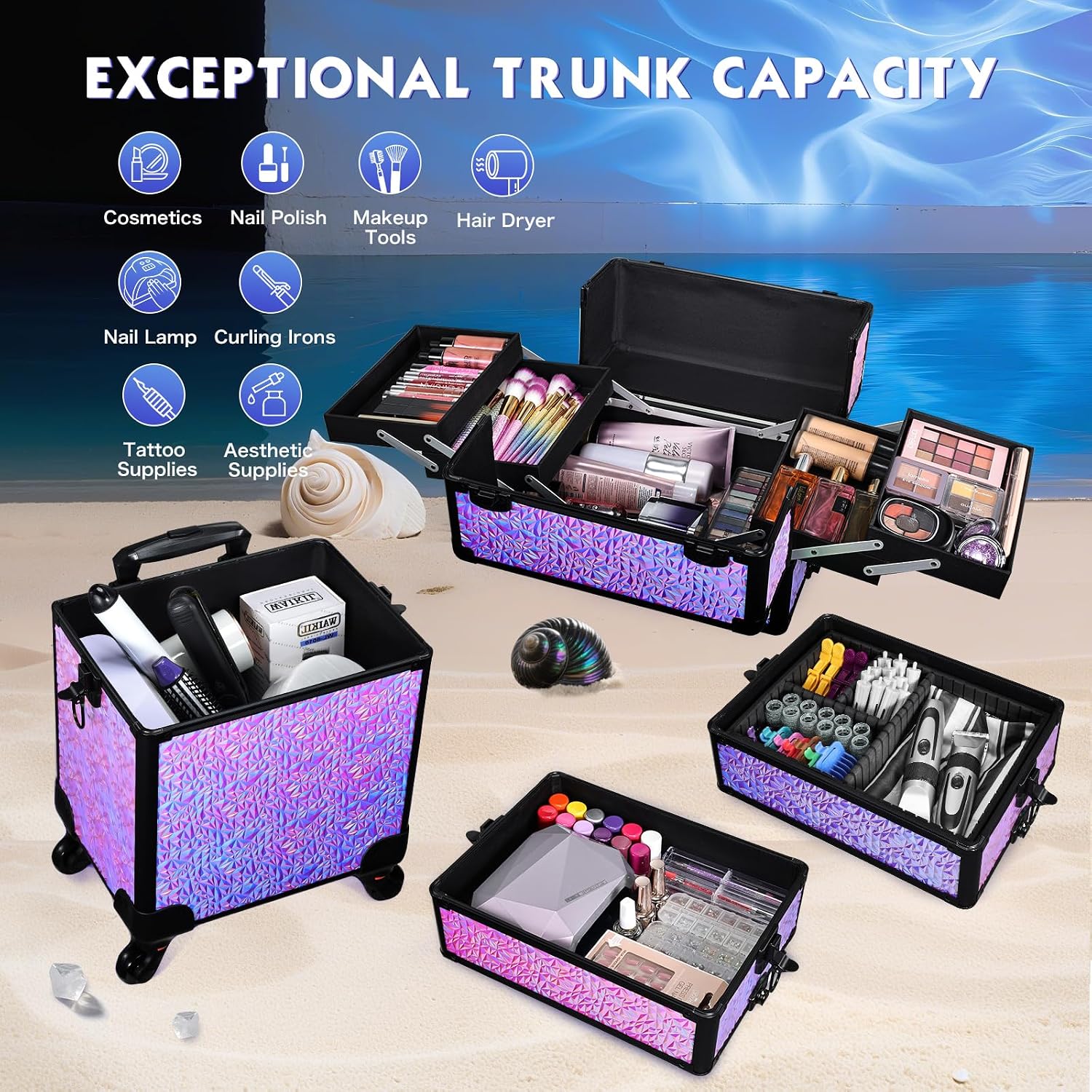 Stagiant Rolling Makeup Case Cosmetology Case on Wheels 4 in 1 Large Cosmetic Organizer Train Case Makeup Travel Case with Key Swivel Wheels Nail