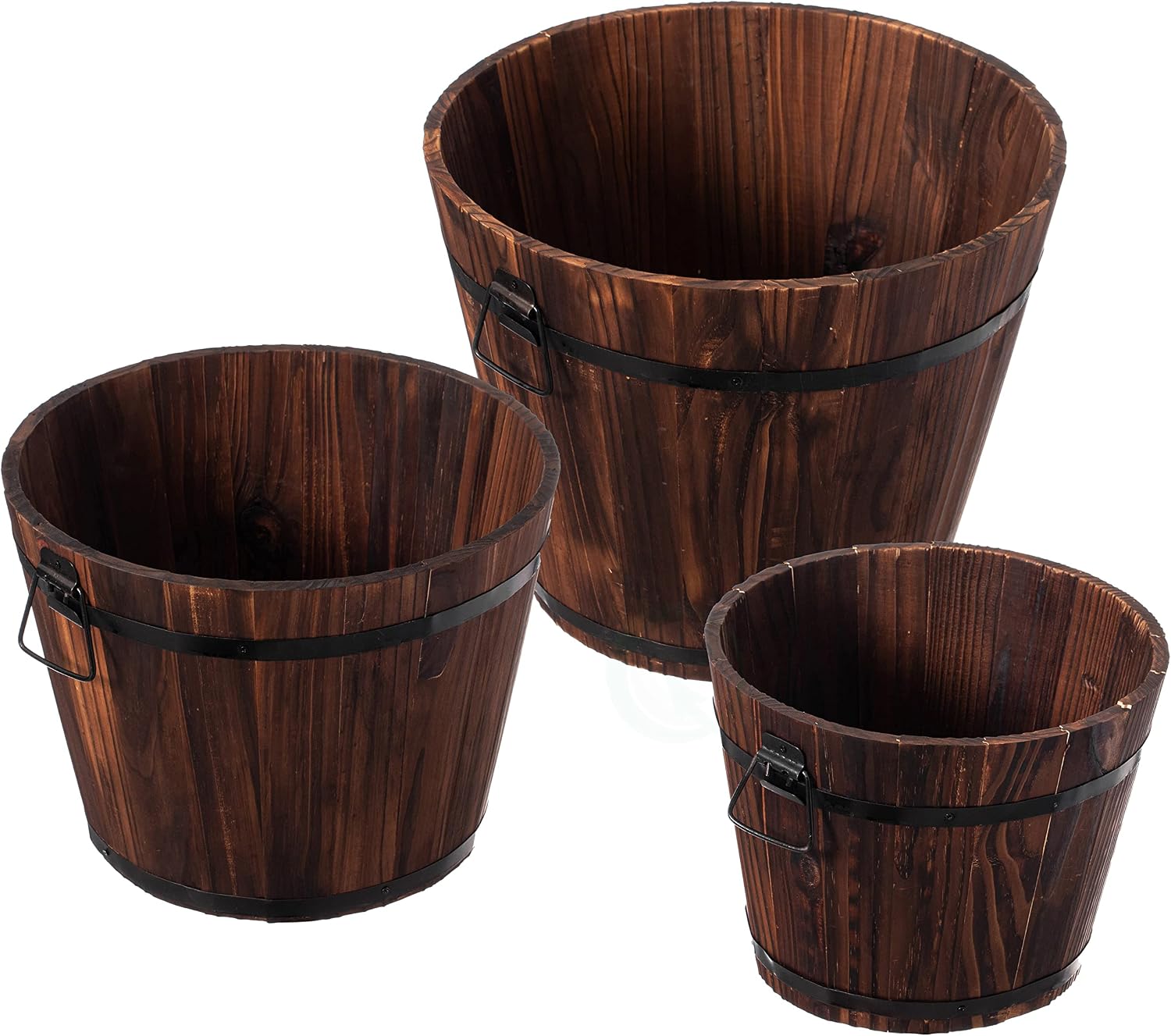 Rustic Wooden Whiskey Barrel Planter with Durable Medal Handles and Drainage Hole - Perfect for Indoor and Outdoor Plants, Herbs, and Vegetables - Medium