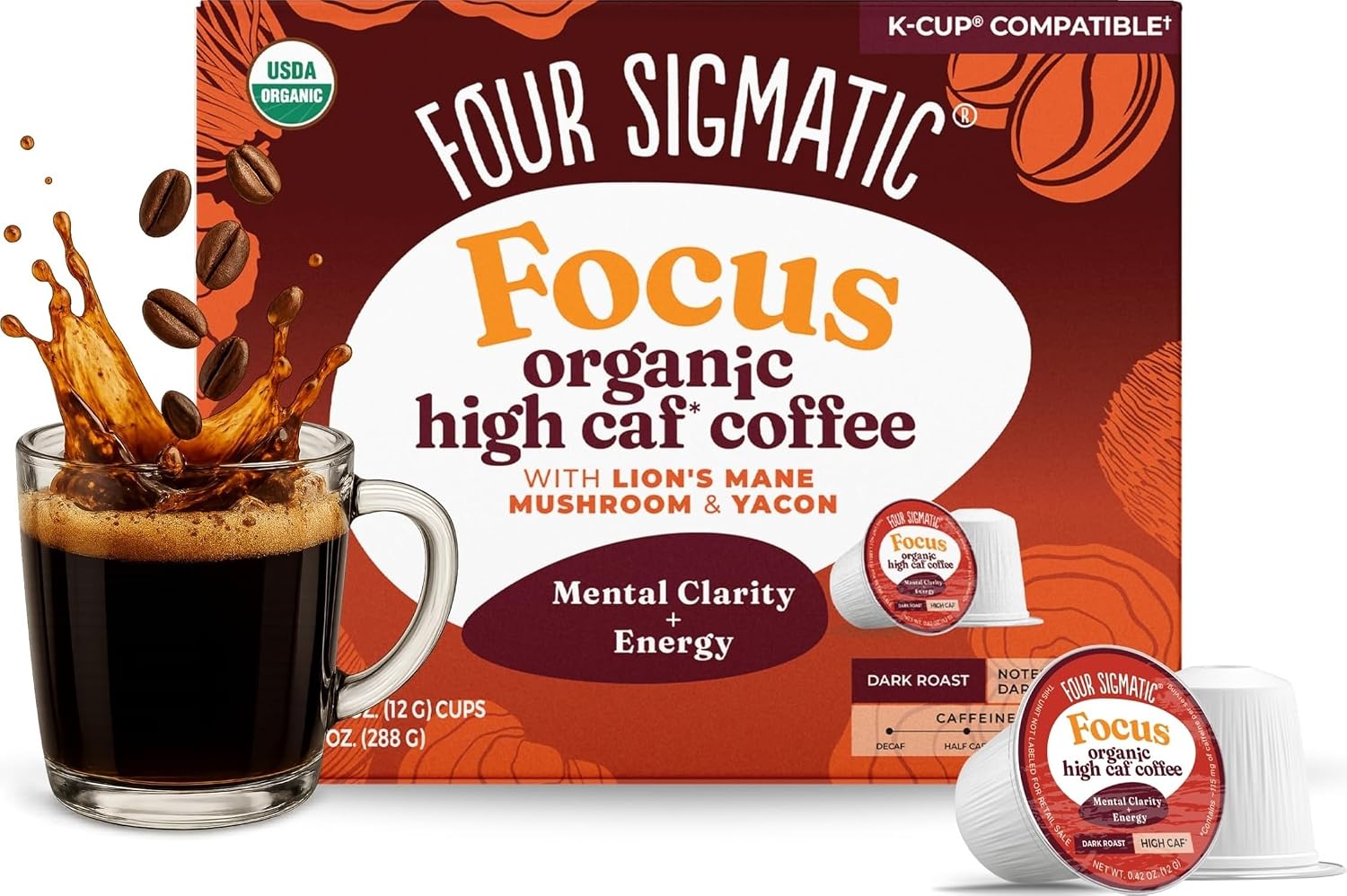 Four Sigmatic Mushroom Coffee K-Cups | Organic Dark Roast Coffee with Lion’s Mane Mushroom Powder & Yacon | Focus & Immune Support | Vegan & Keto
