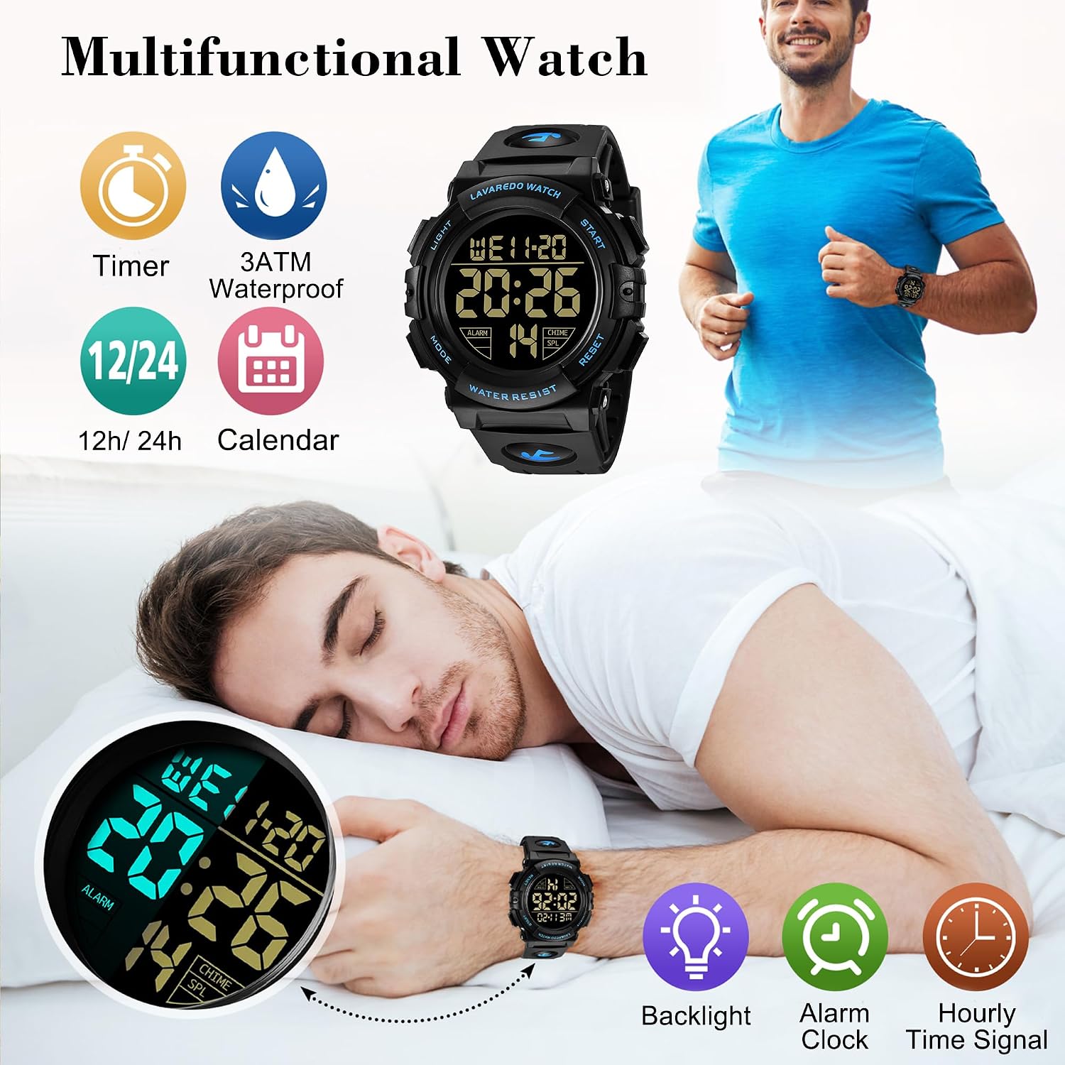 L LAVAREDO Mens Digital Watch Sports Military Watches Waterproof Outdoor Chronograph Wrist Watches for Men with LED Back Ligh/Alarm/Date
