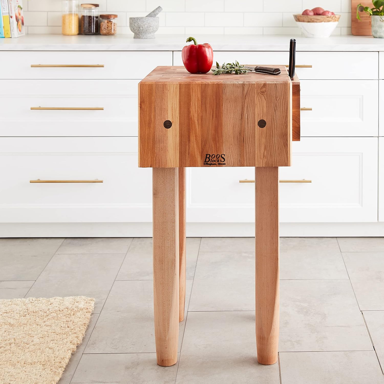 John Boos PCA1 Maple Wood End Grain Solid Butcher Block with Side Knife Slot, 18 Inches x 18 Inches x 10 Inch Top, 34 Inches Tall, Natural Maple Legs