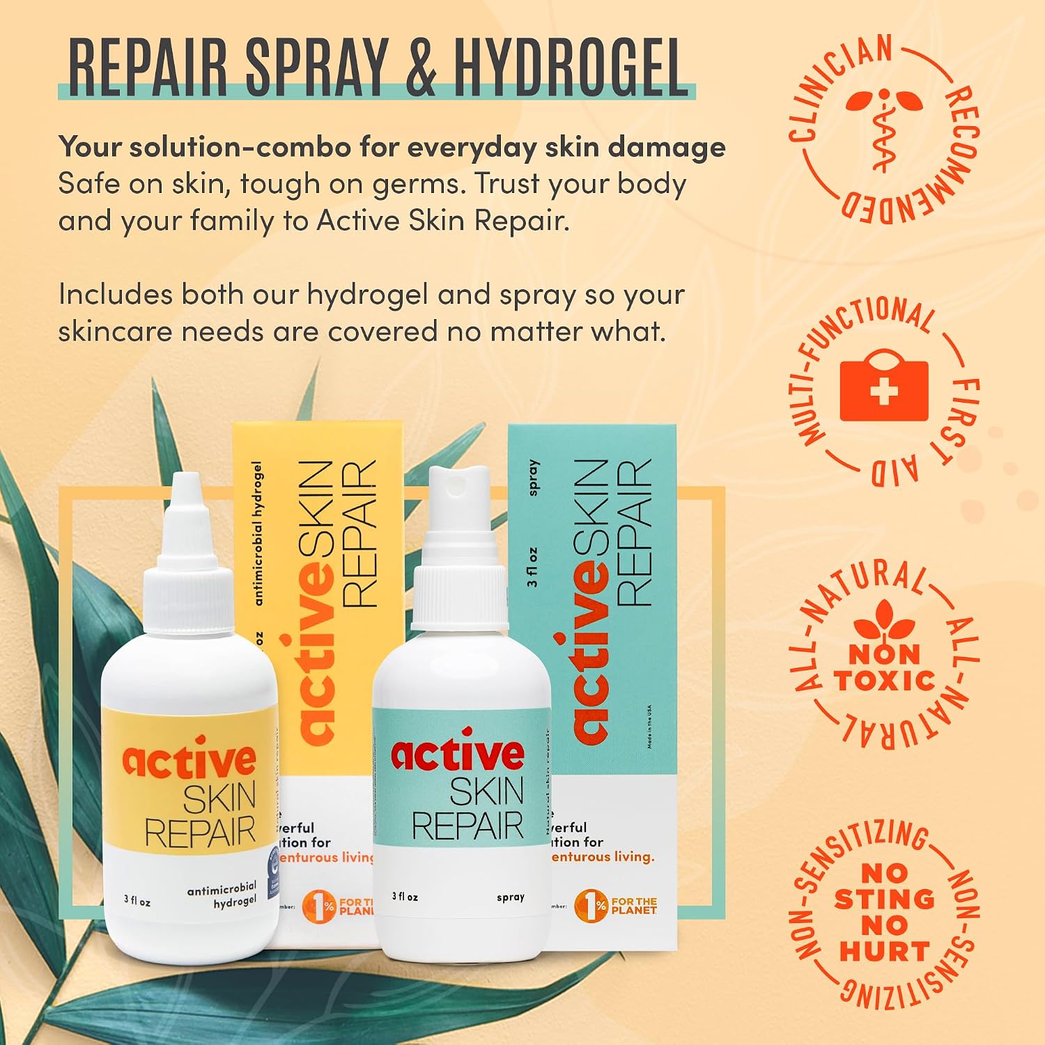 Active Skin Repair First Aid Spray with Medical Grade Hypochlorous, 3 oz | Natural and non-toxic, hypochlorous acid, no-sting formula, minor cuts, wounds, scrapes, rashes, sunburns, travel size