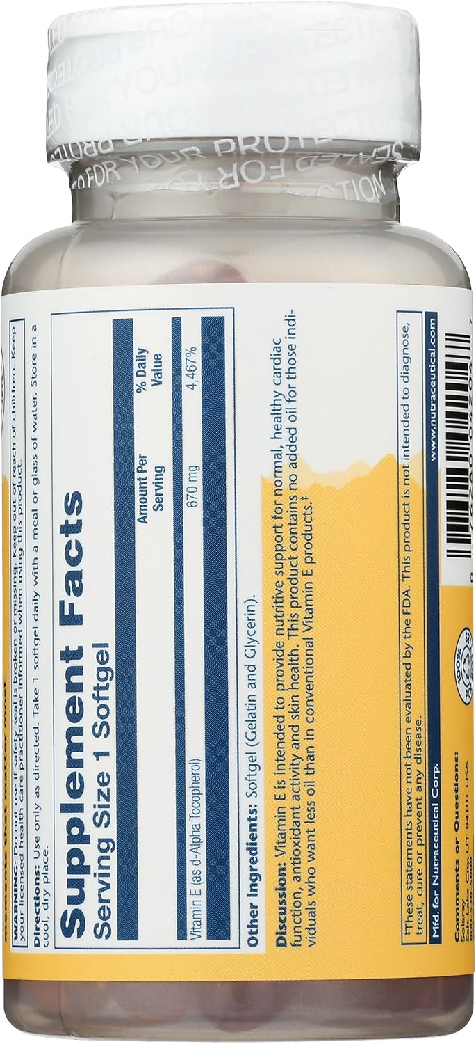 SOLARAY Vitamin E 1000 IU Softgel Capsules, 670 mg - d Alpha Tocopherol Vitamin E Supplements - Skin Health