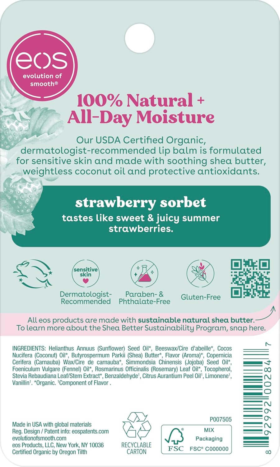 eos 100% Natural & Organic Lip Balm - Strawberry Sorbet, All-Day Moisture, Dermatologist Recommended for Sensitive Skin Care, Lip Care Products, 0.25 oz
