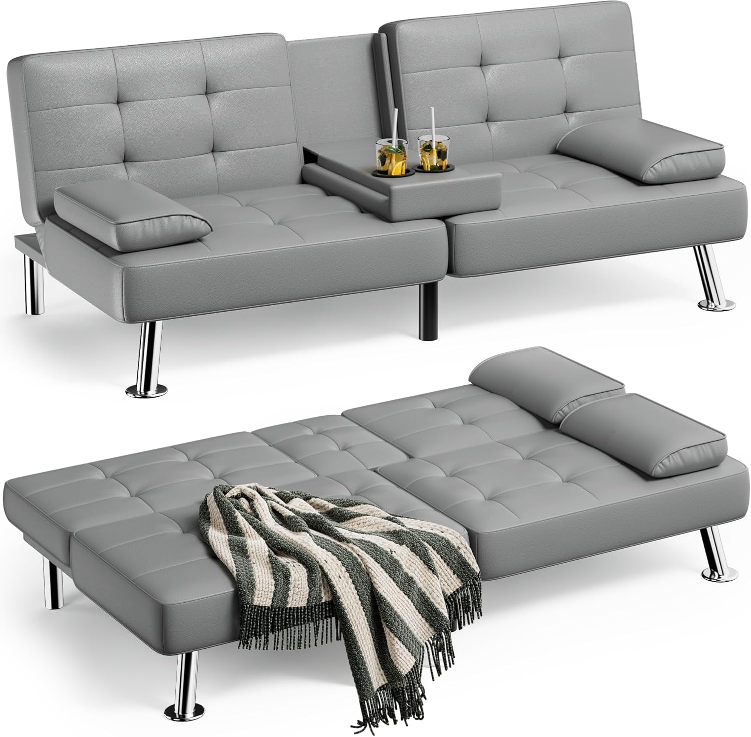 JUMMICO Faux Leather Futon Sofa Bed, Sleeper Sofa with Adjustable Backrest