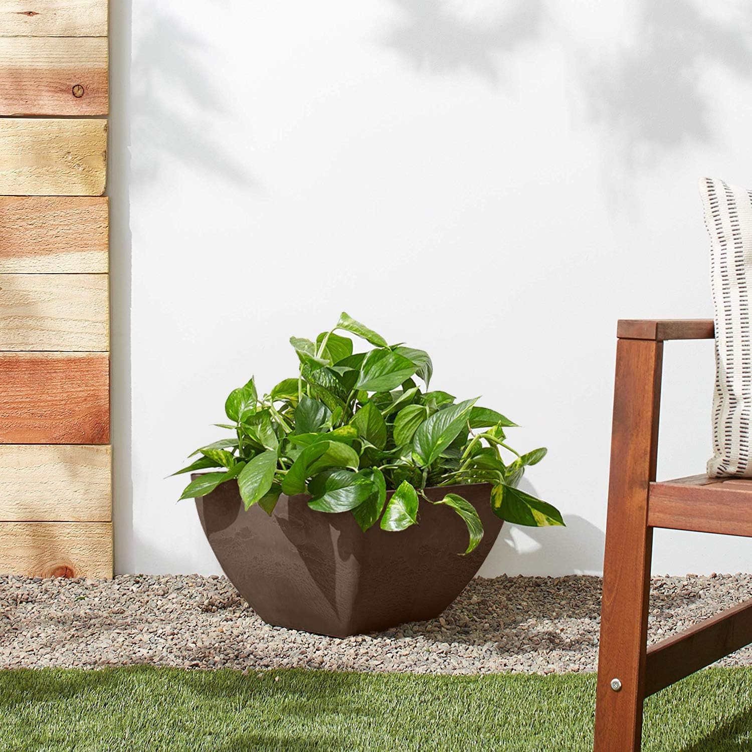 PSW Pot Collection 12x6 inch Plastic/Stone/Wood Composite Square Planter – No Drainage Hole (Drillable), Modern Indoor/Outer Pot for Flowers, Foliage, Succulents, Fairy Gardens, Dark Charcoal