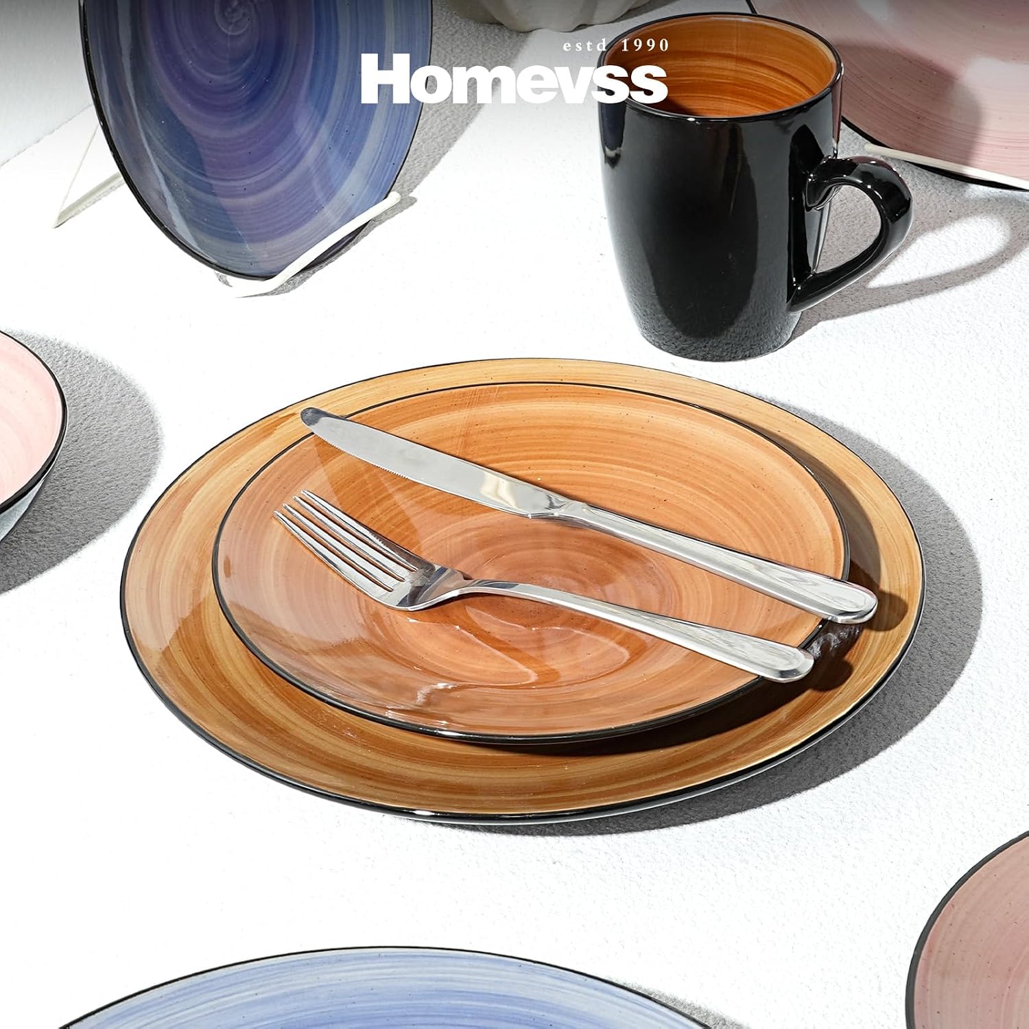HomeVss, Sonoma Stoneware Dinnerware Set, Outside Black + Inside Hand Painting Color (16pc Set, Grey)