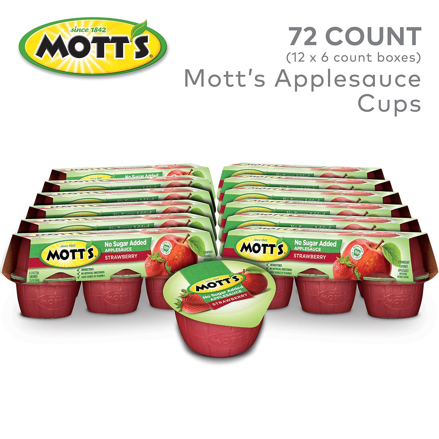 Mott's No Sugar Added Strawberry Applesauce, 3.9 Ounce Cup, 6 Count (Pack of 12)