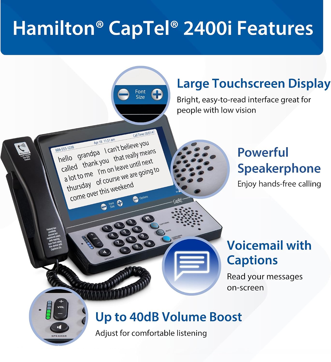 Hamilton CapTel 2400iSPNBT Large Touch Screen Captioned Telephone | Phone for Hard of Hearing with Answering Machine and Speakerphone