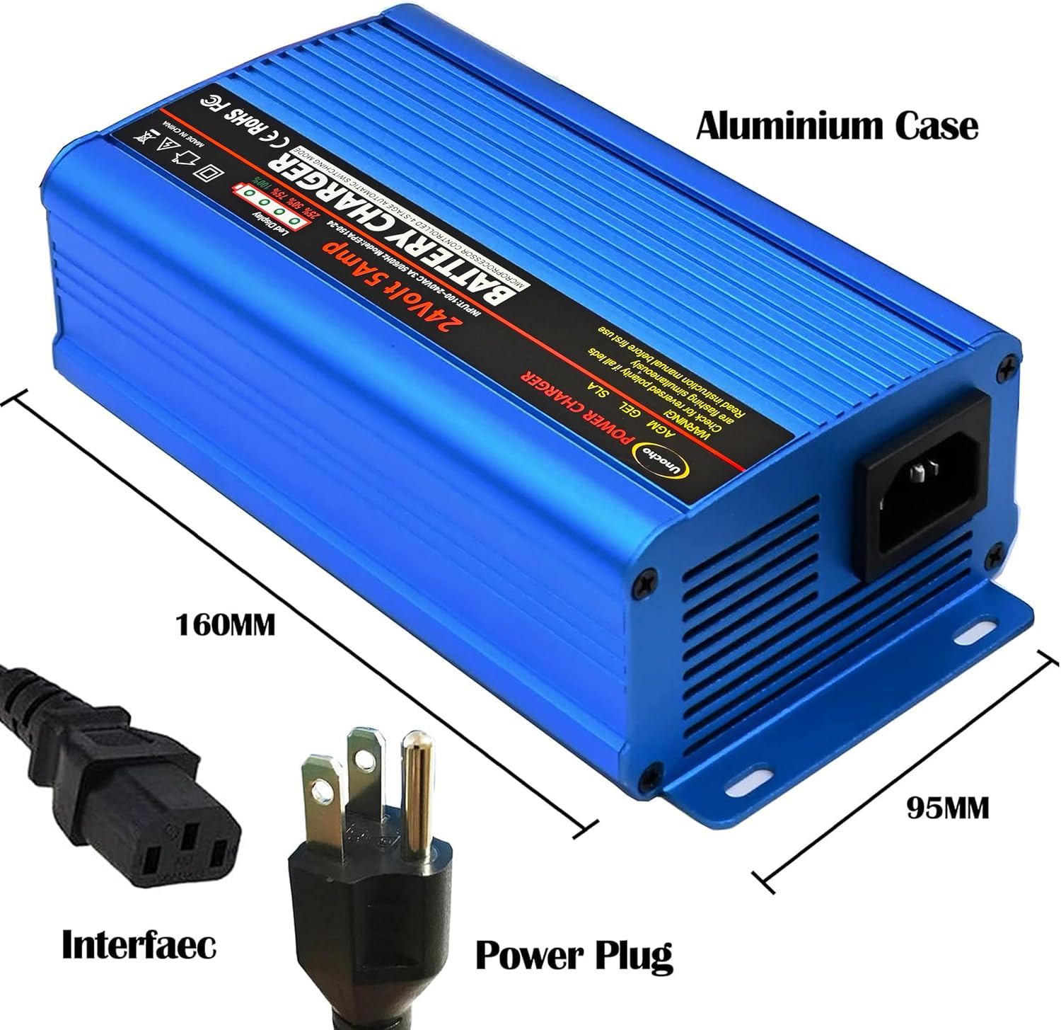 Unocho 24V 5A Battery Charger Maintainer 4-Stage Smart Lead-Acid Charger with 3-Pin XLR Connector Power Switch and LED Display for Wheelchairs Mobility Scooters AGM Gel SLA VRLA