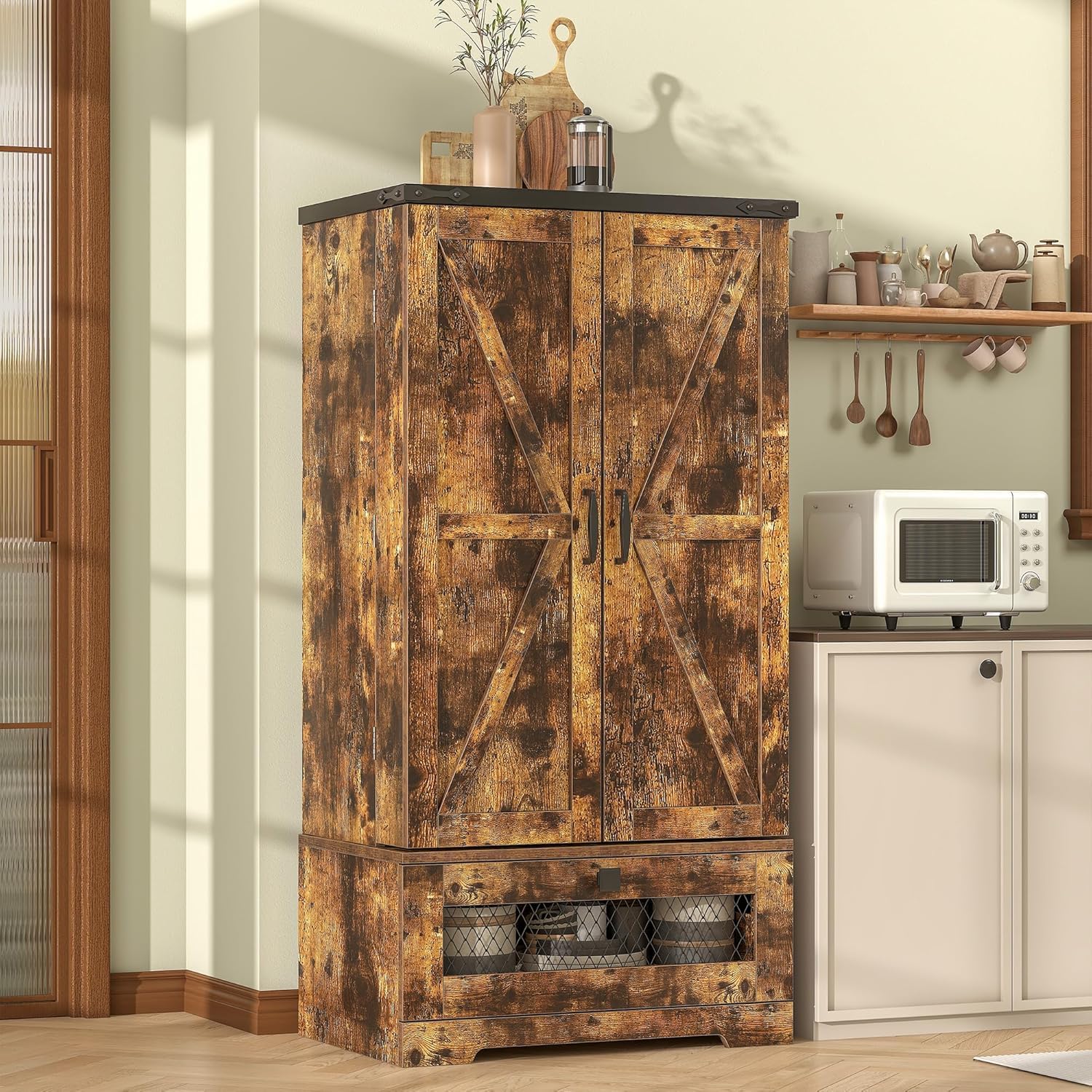 kepptory 47” Pantry Cabinet, Kitchen Pantry Storage Cabinet with Doors and Adjustable Shelves,Freestanding Buffet Cupboards Sideboard for Living Room and Dinning Room (White)