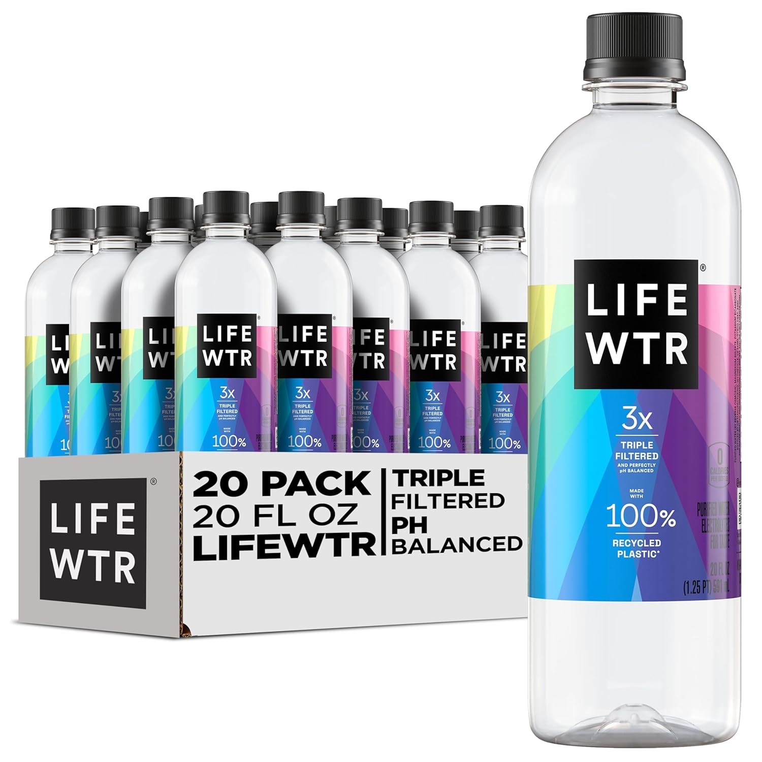 LIFEWTR Premium Purified Water, pH Balanced with Electrolytes, 100% recycled plastic bottles, 23.7 Fl Oz Flip Cap Bottles, 700 mL (Pack of 12)