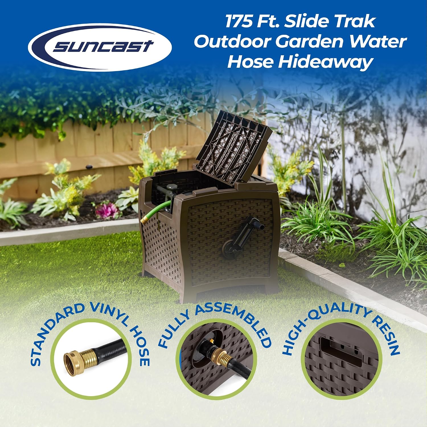Suncast 175 ft. Wicker Style Resin Hose Hideaway with Hose Guide, Java, Made in the USA