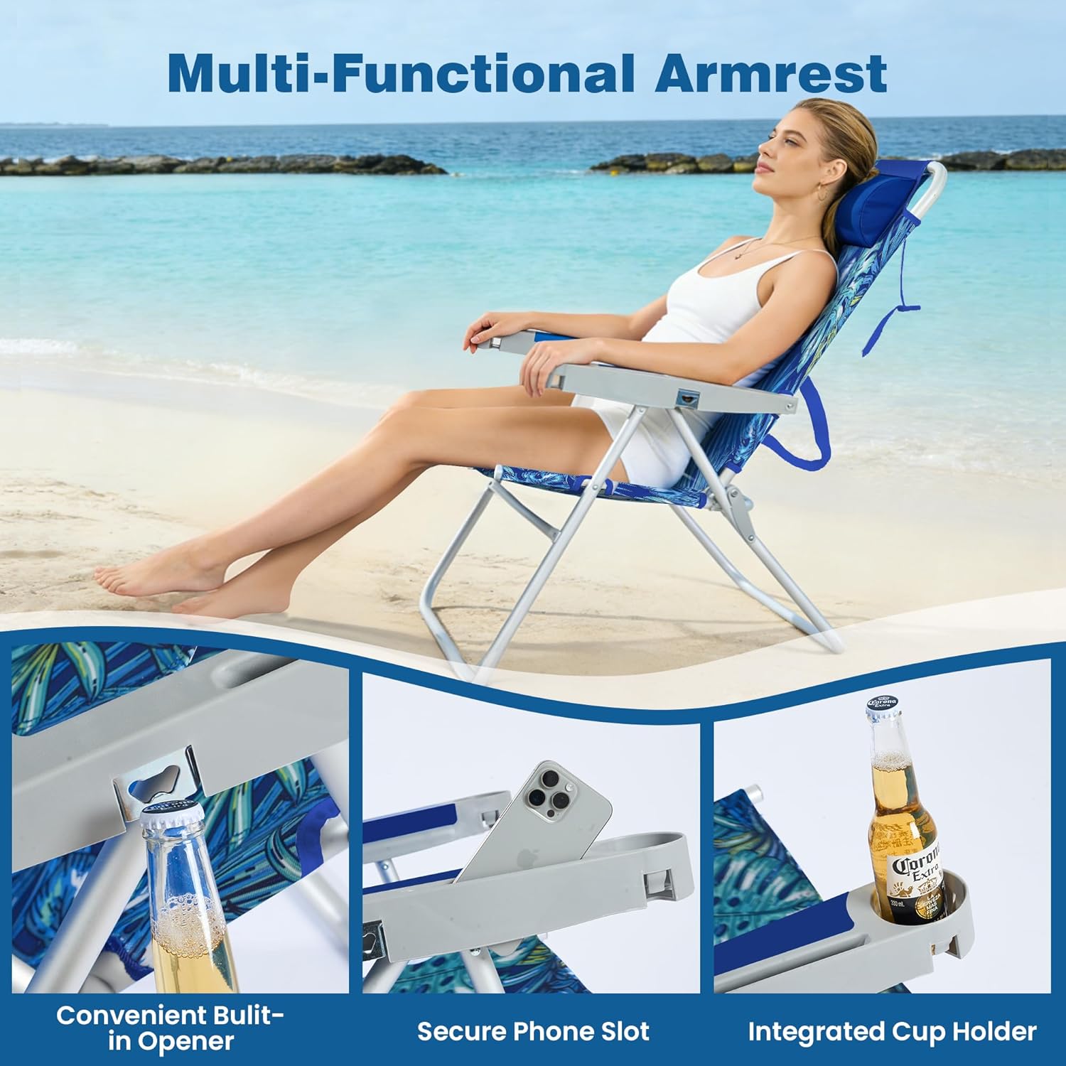 SUNNYFEEL Oversized Tall Folding Beach Chair Lightweight, 17" Portable Sand Chair for Adults Heavy Duty 500 LBS with Cup Holders