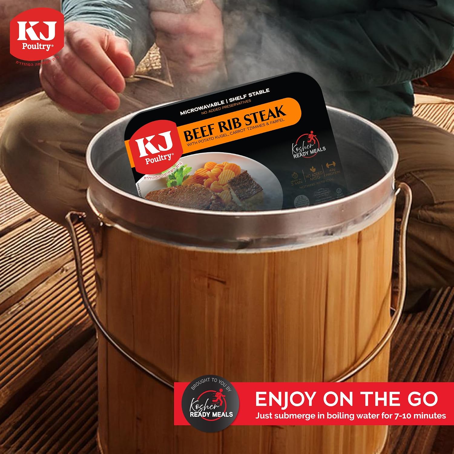 KJ Poultry Kosher Ready Meals - Beef Rib Steak & Kugel, MRE Meat Meals Ready to Eat, Shabbos Food (1 Pack) Prepared Entree Fully Cooked, Shelf Stable Microwave Dinner Travel Military Camping Survival