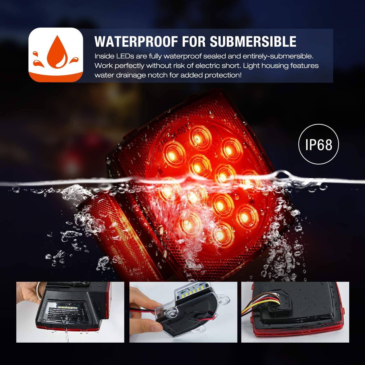 Nilight Square Submersible LED Trailer Light Kit,IP68 Waterproof 2PCS