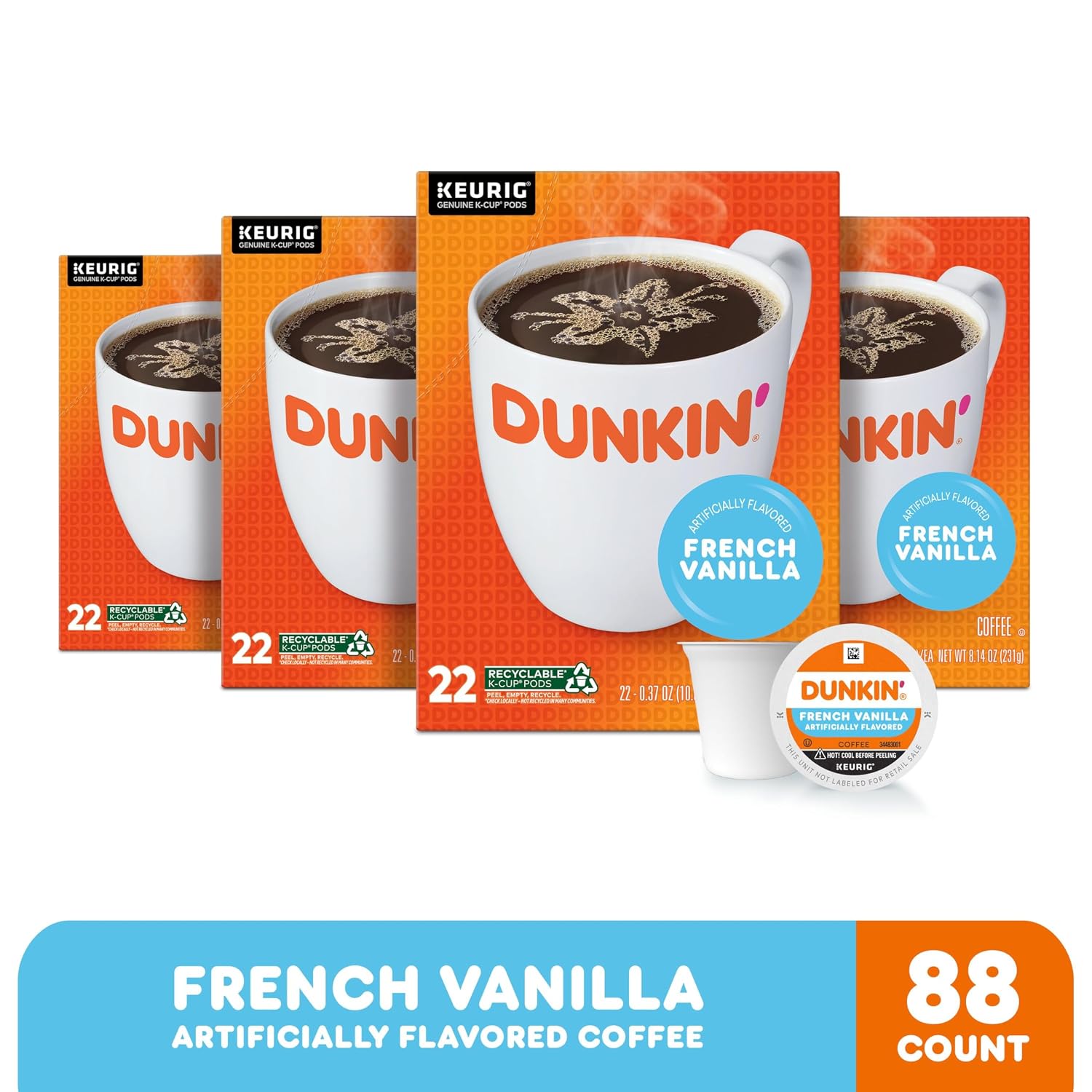 Dunkin’ French Vanilla Artificially Flavored Coffee, 60 Keurig K-Cup Pods | 6 boxes of 10 single serve coffee pods each, Smooth & rich flavor, Made with arabica coffee, Shelf stable, SNAP EBT eligible