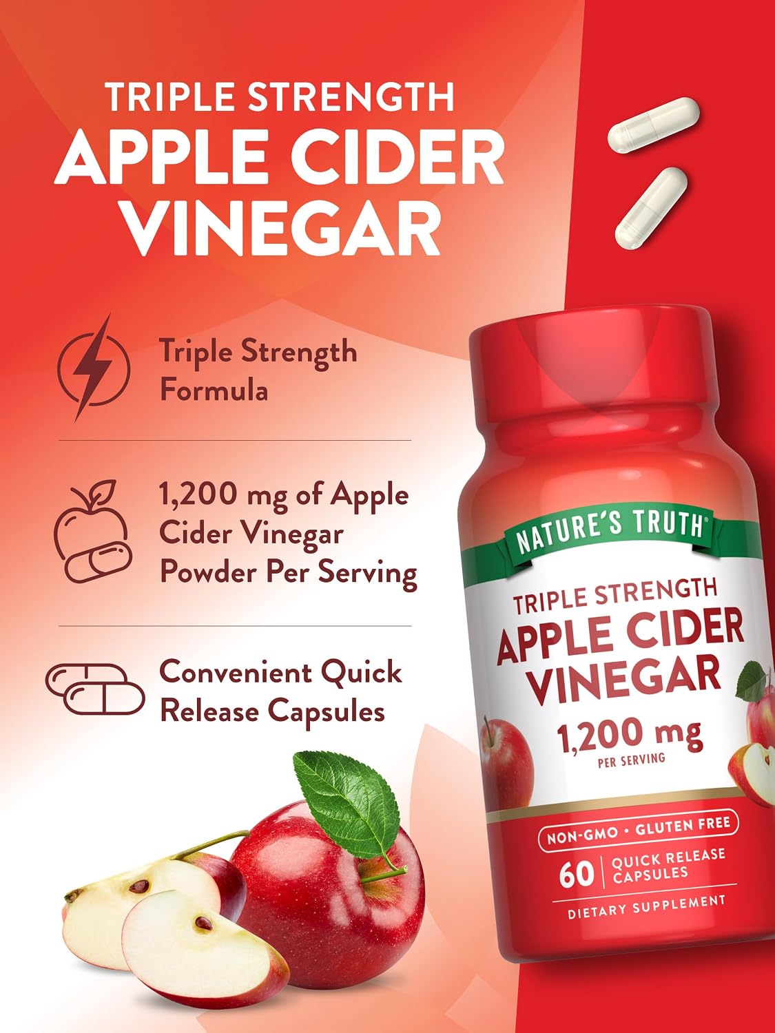 Nature's Truth Apple Cider Vinegar Capsules | 1200mg | Quick Release Pills | Non-GMO & Gluten Free Supplement | Non-GMO & Gluten Free Supplement