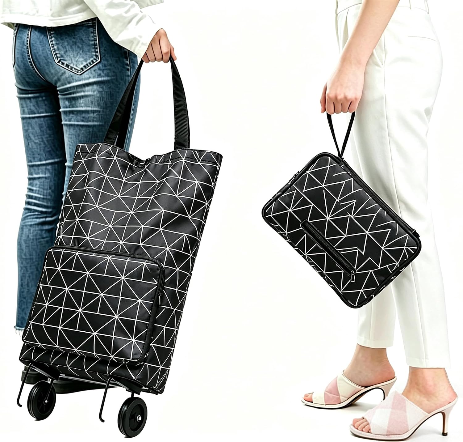 Collapsible Shopping Bag with Wheels Portable Shopping Cart with 360° Swivel Wheels Rolling Tote Bag Reusable Grocery Bag Trolley Bag on Wheels for Travel Shopping and Daily Use(Blue)