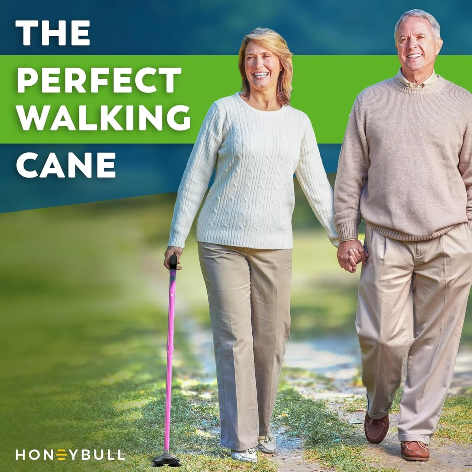 HONEYBULL Walking Cane for Men & Women, Foldable Free Standing Cane | Adjustable height, collapsible design, heavy-duty, pivot base for stable support, ergonomic handle