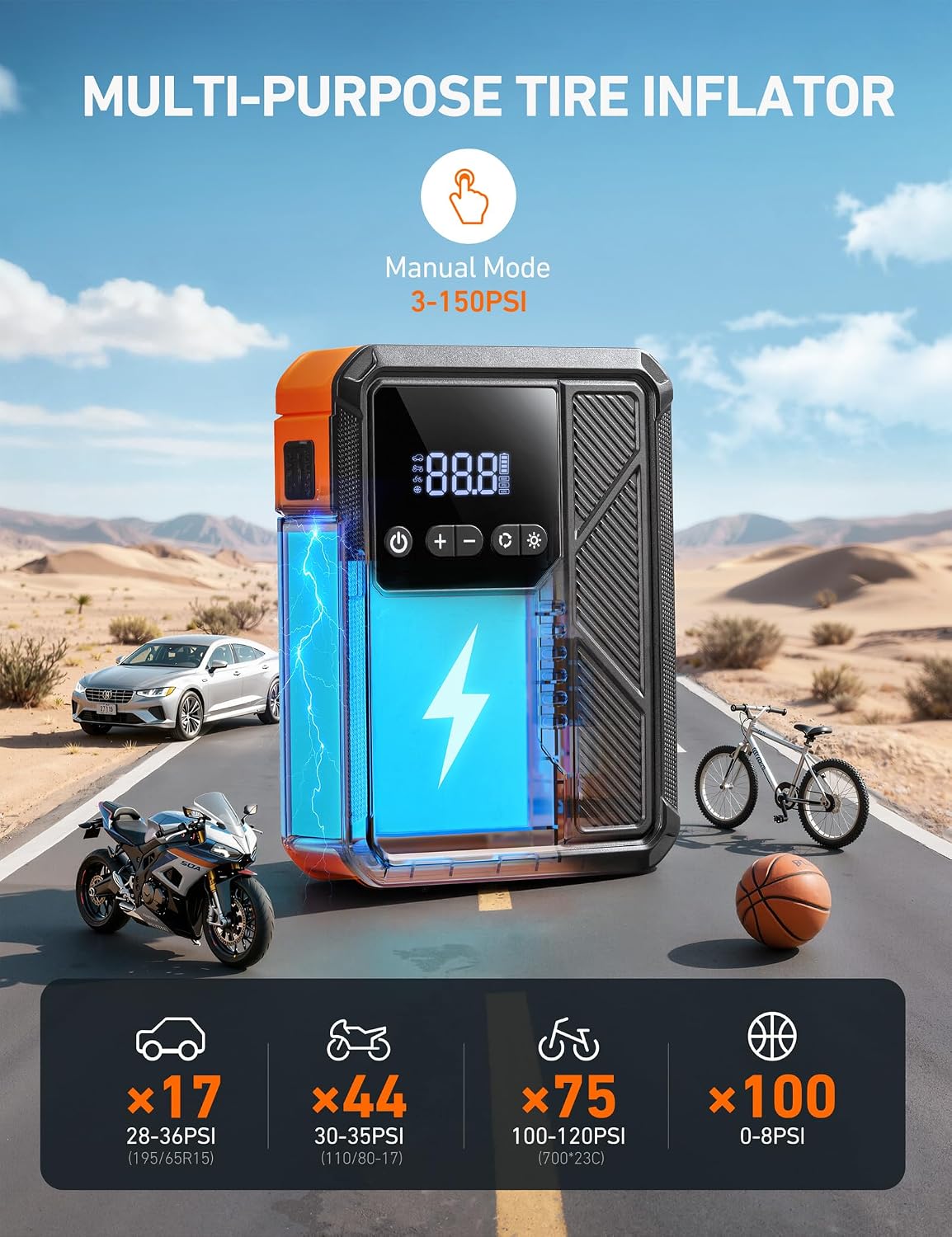 AstroAI S8 Air Jump Starter with Air Compressor, 3000A Peak Car Battery Jump Starter Portable (9.0 Gas/6.5L Diesel) with 150PSI Cordless Auto-Shutoff Tire Inflator, 12V Battery Charger Booster(Orange)