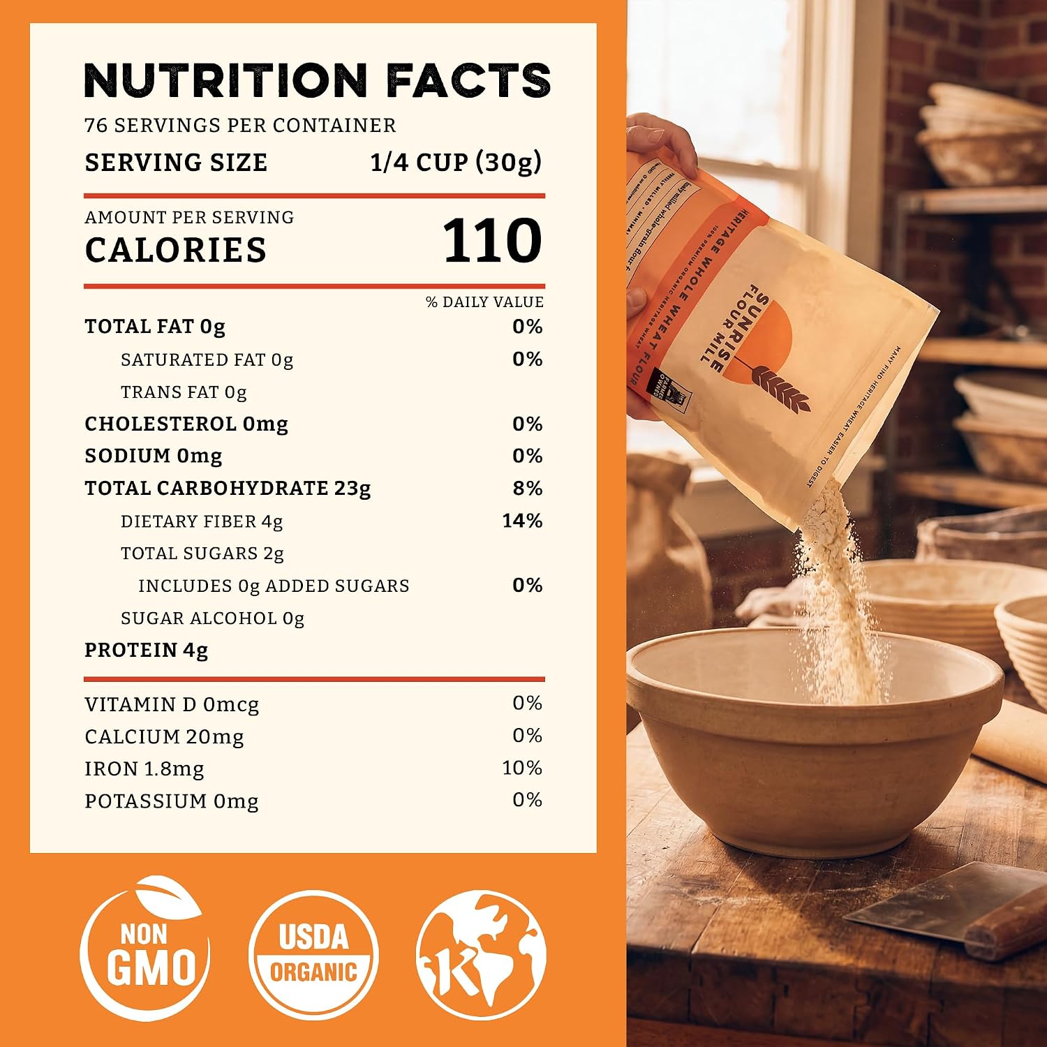 Sunrise Flour Mill Organic Heritage Whole Wheat Flour - 2 lbs | Easier to Digest with Less Bloating | No Bleaching or Bromating | Zero Additives