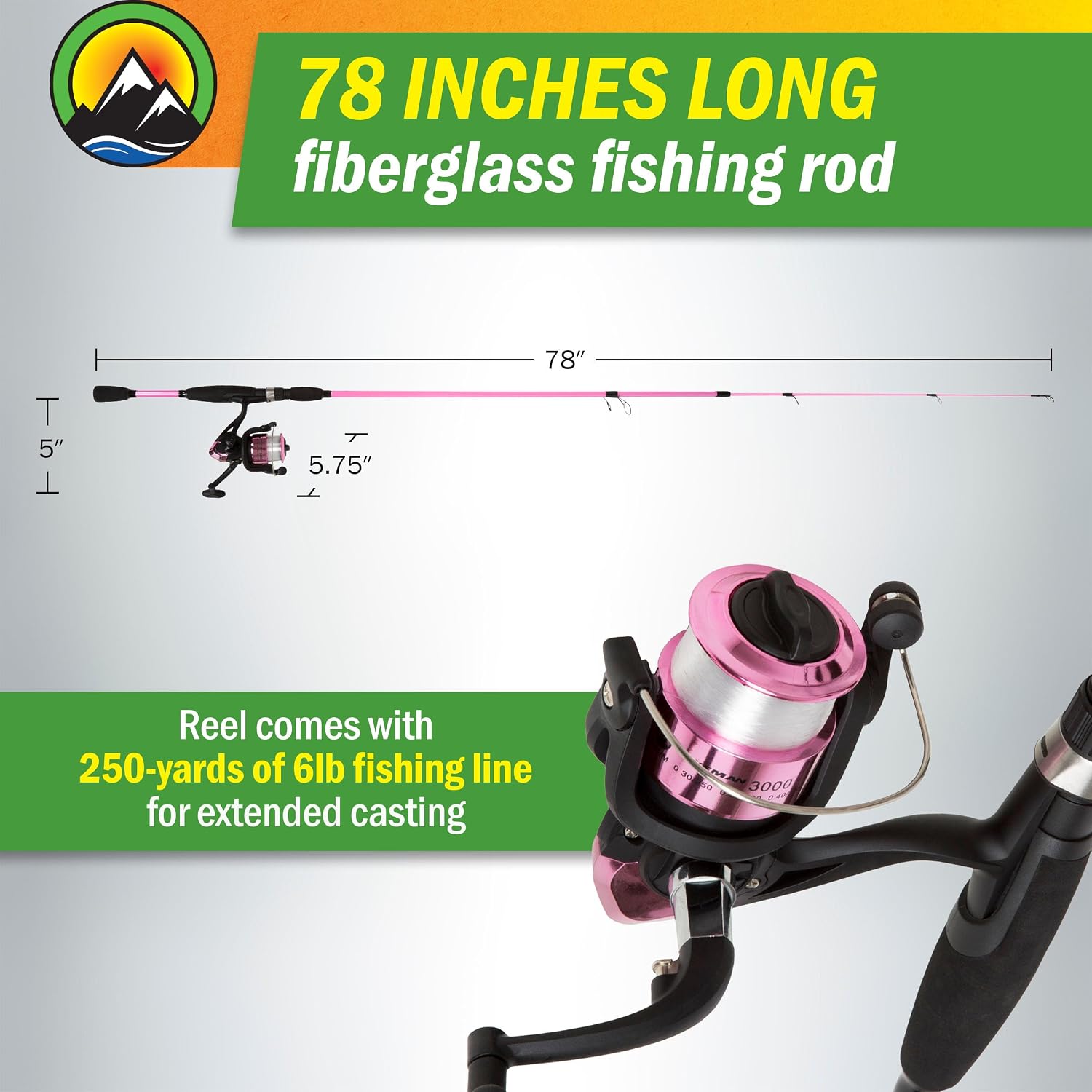 Fiberglass Fishing Pole - Strike Series 78-Inch Collapsible Rod and Spinning Reel Combo, EVA Handle, Pre-Spooled Reel, Fishing Gear for Catching Walleye, Bass, Trout, and More by Wakeman