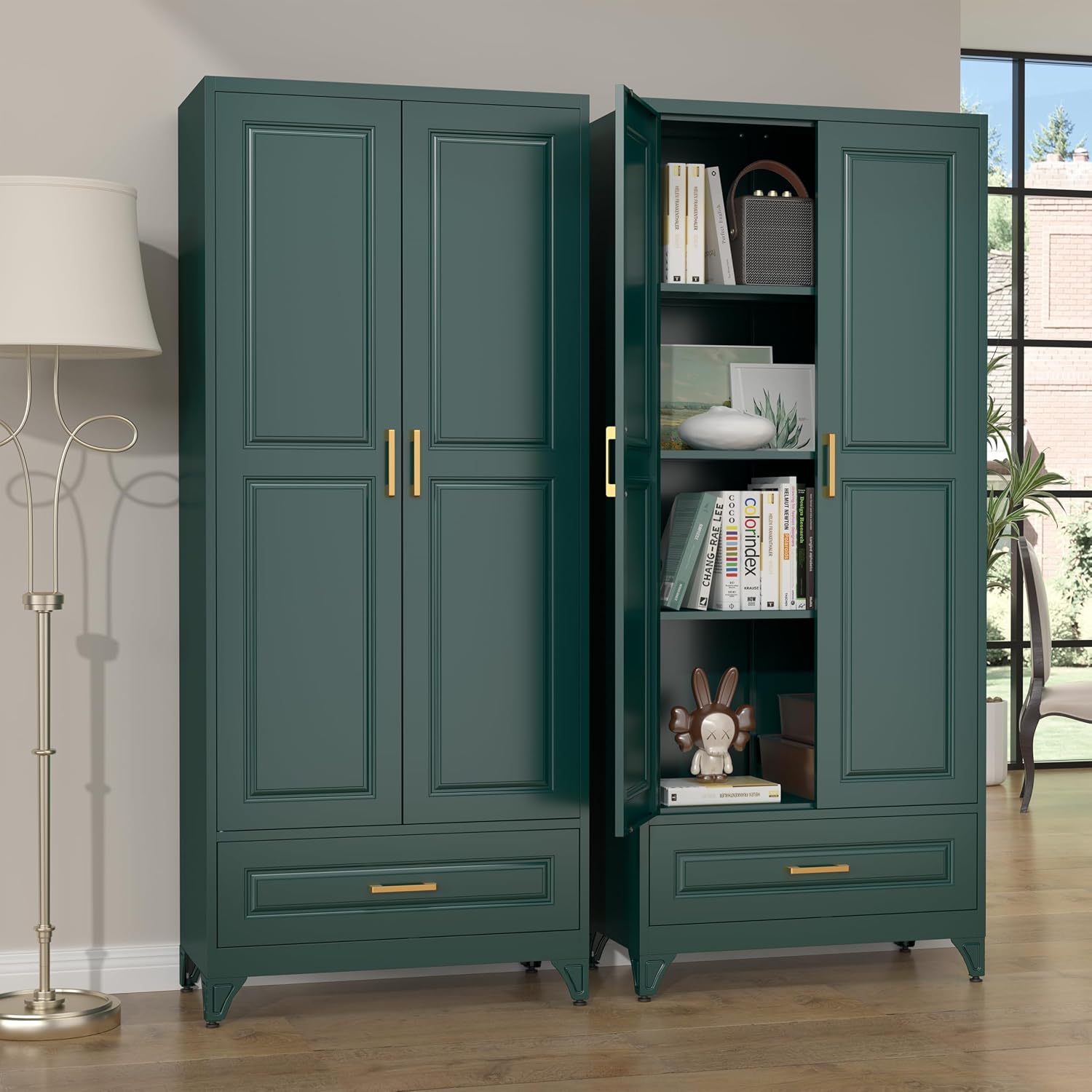 Steeloong 71"Metal Pantry Storage Cabinet with Doors & 4 Adjustable Shelves | Kitchen Pantry Cabinet,White Kitchen Cabinet with 2 Gold Handles,Tall Cabinet for Livingroom,Pantry, Bathroom,Kitchen