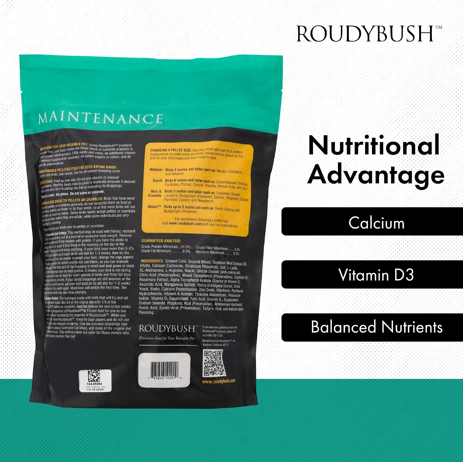 RoudyBush Daily Maintenance Food for Birds - Scientifically Formulated Bird Feed - Bird Food Pellets w/Corn, Wheat, Soy & More - Nutritious & Healthy Feed for Birds (Mini, 44oz)