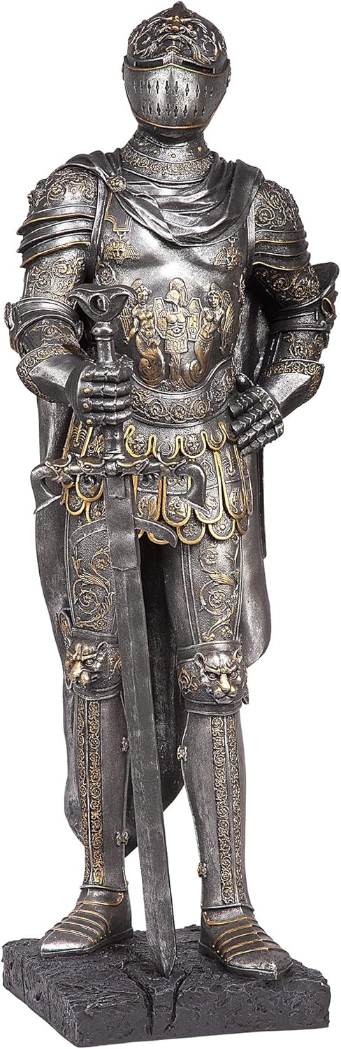 Design Toscano King's Guard Medieval Decor Half Scale Knight Armor Gothic Statue, 39 Inch Tall, Cast Stone Resin, Metallic Finish with Faux Stone Base