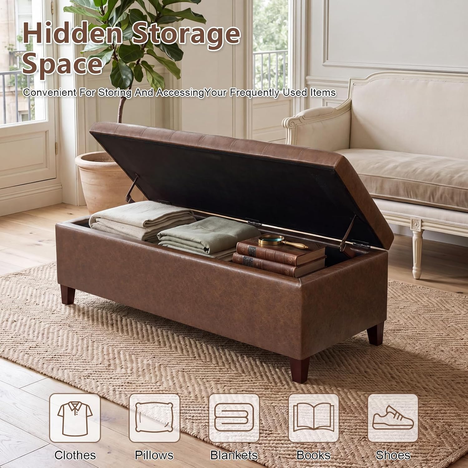 51 Inch Storage Bench,Leather Tufted Storage Ottoman with Legs | Safety Hinges,Wooden Legs,Upholstered,End of Bed,Bedroom,Living Room,Entryway,330LBS,Brown