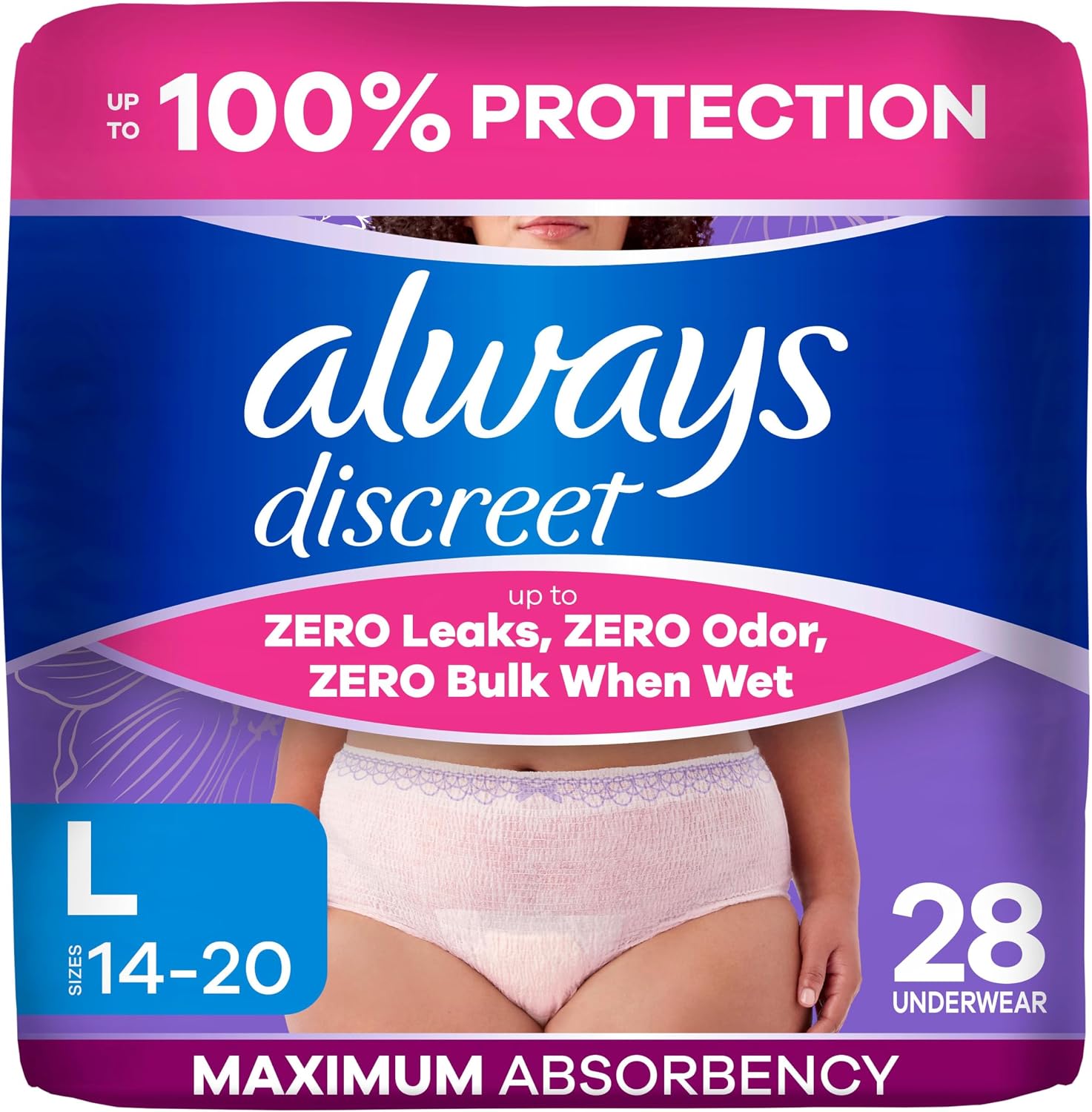 Always Discreet Adult Diapers for Women, Incontinence Underwear, Postpartum Essentials, Disposable Briefs, Max Absorbency, Bladder Leak Protection, Small/Medium, 32ct