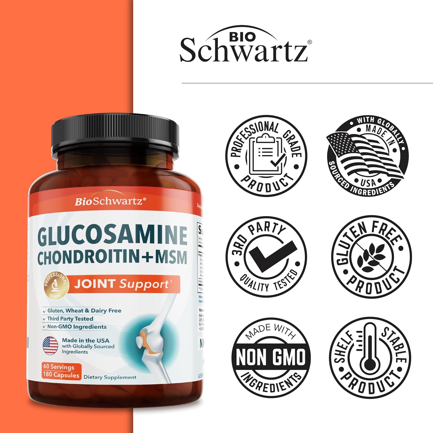 Glucosamine Chondroitin MSM Joint Support Supplement, 90 Capsules | Turmeric & Ginger, Hyaluronic Acid, Collagen, Glucosamine Chondroitin Sulfate for Joint Comfort, Gluten Free, Non GMO